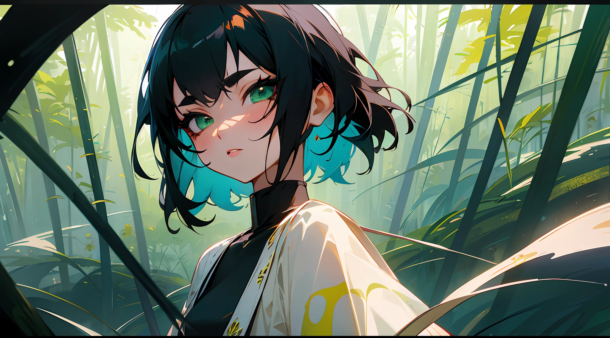 Original Characters、Wide angle shot、Volume Lighting、Best Shadows、Shallow depth of field、Portrait of an amazingly beautiful girl、Delicate beautiful attractive face with petite and seductive eyes、Straight path through the forest、Sharp Eyebrows、Black Hair Shortcut Hair、Blush Eyeshadow、Dark eyelashes、Rough look、Slim waist、in green forest、(top-quality、Superb Detail:1.25)、(独奏:1.3)、Brilliant Colorful Paintings