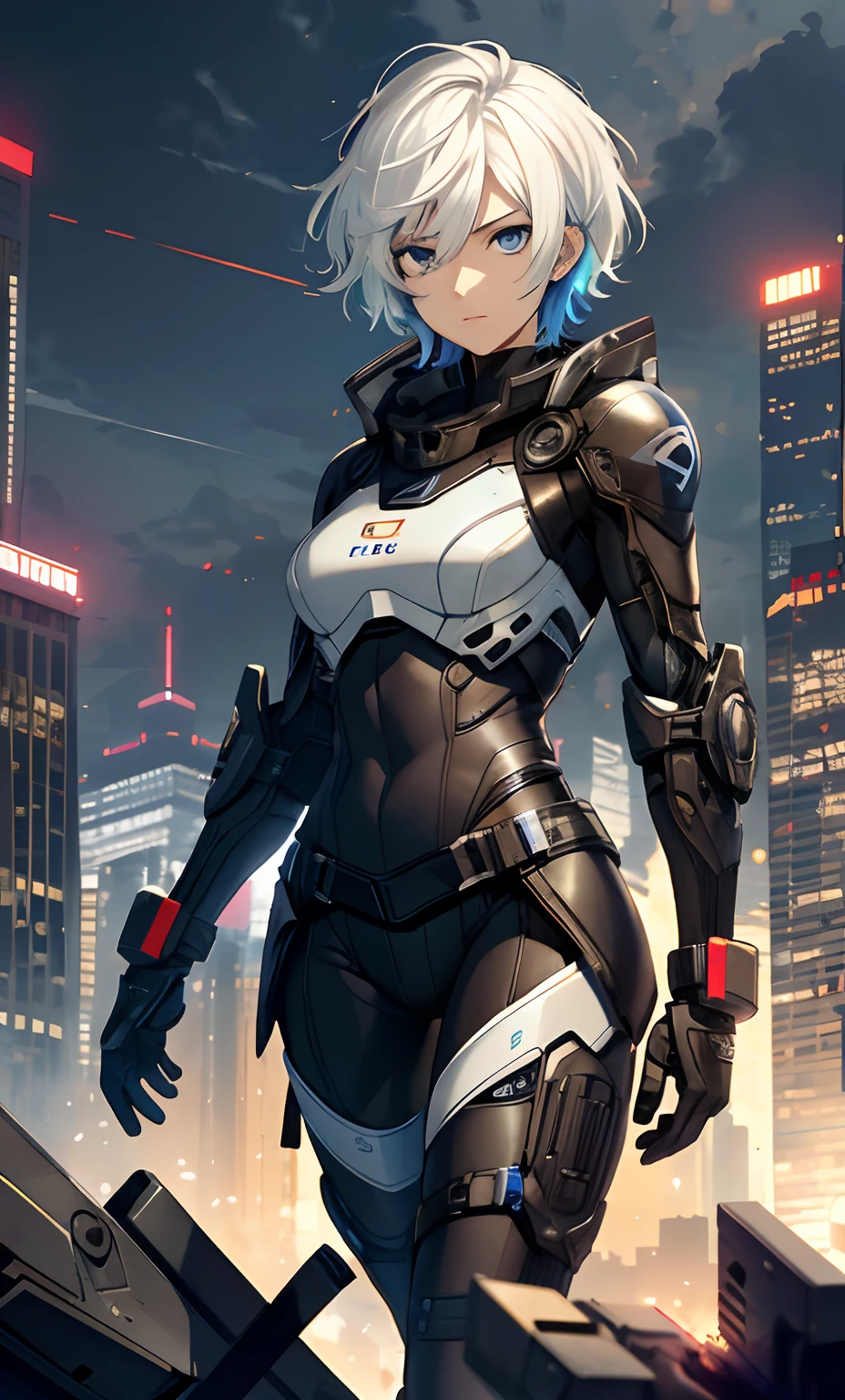 best qualityer，tmasterpiece，Ultimate resolution，downy，Extremely colorful，Colorful，Women combatants，a matural female，Short white hair，Dark blue eyes，Tight combat suit，tightsuit，With a belt，Steel City background，the night，Normal posture