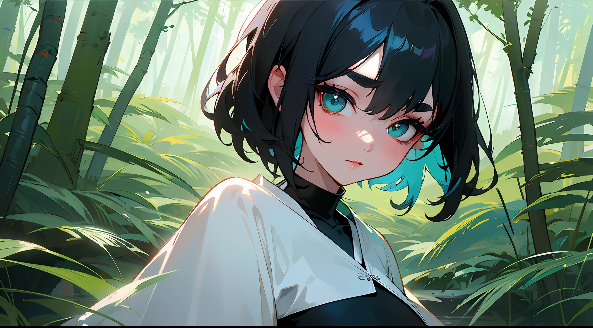 Original Characters、Wide angle shot、Volume Lighting、Best Shadows、Shallow depth of field、Portrait of an amazingly beautiful girl、Delicate beautiful attractive face with petite and seductive eyes、Straight path through the forest、Sharp Eyebrows、Black Hair Shortcut Hair、Blush Eyeshadow、Dark eyelashes、Rough look、Slim waist、in green forest、(top-quality、Superb Detail:1.25)、(独奏:1.3)、Brilliant Colorful Paintings