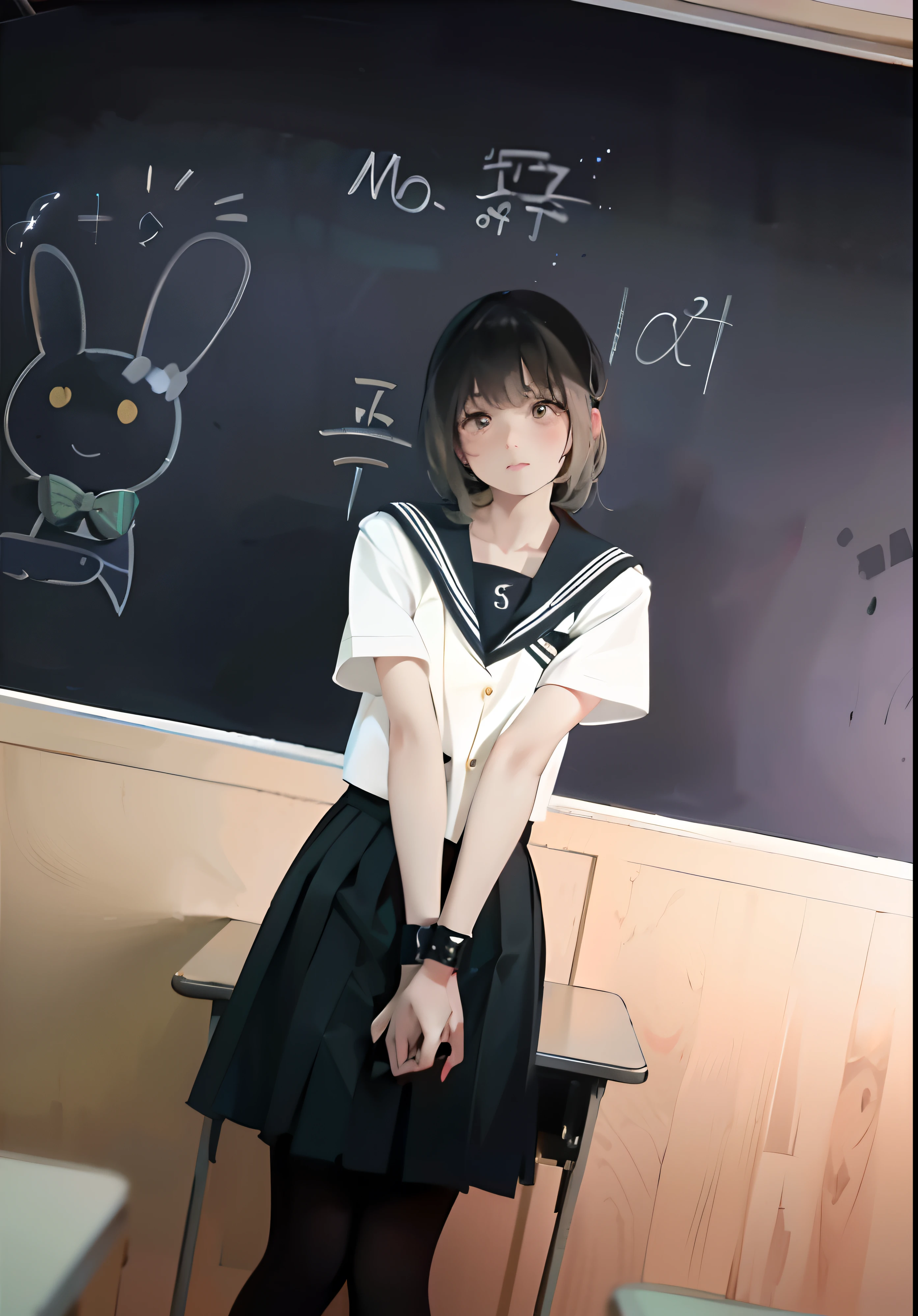 In front of the blackboard stood a woman,It reads, loose coat collar sailor uniform, japanese girl school uniform, JK school uniform, Magical school student uniform, Japanese school uniform, Wearing a Japanese school uniform, magic school uniform, girl in uniform, in school uniform, Sailor uniform, seifuku, in school uniform, school uniform, cute female student,Hands were tied with black tape,A small white rabbit is drawn on the blackboard