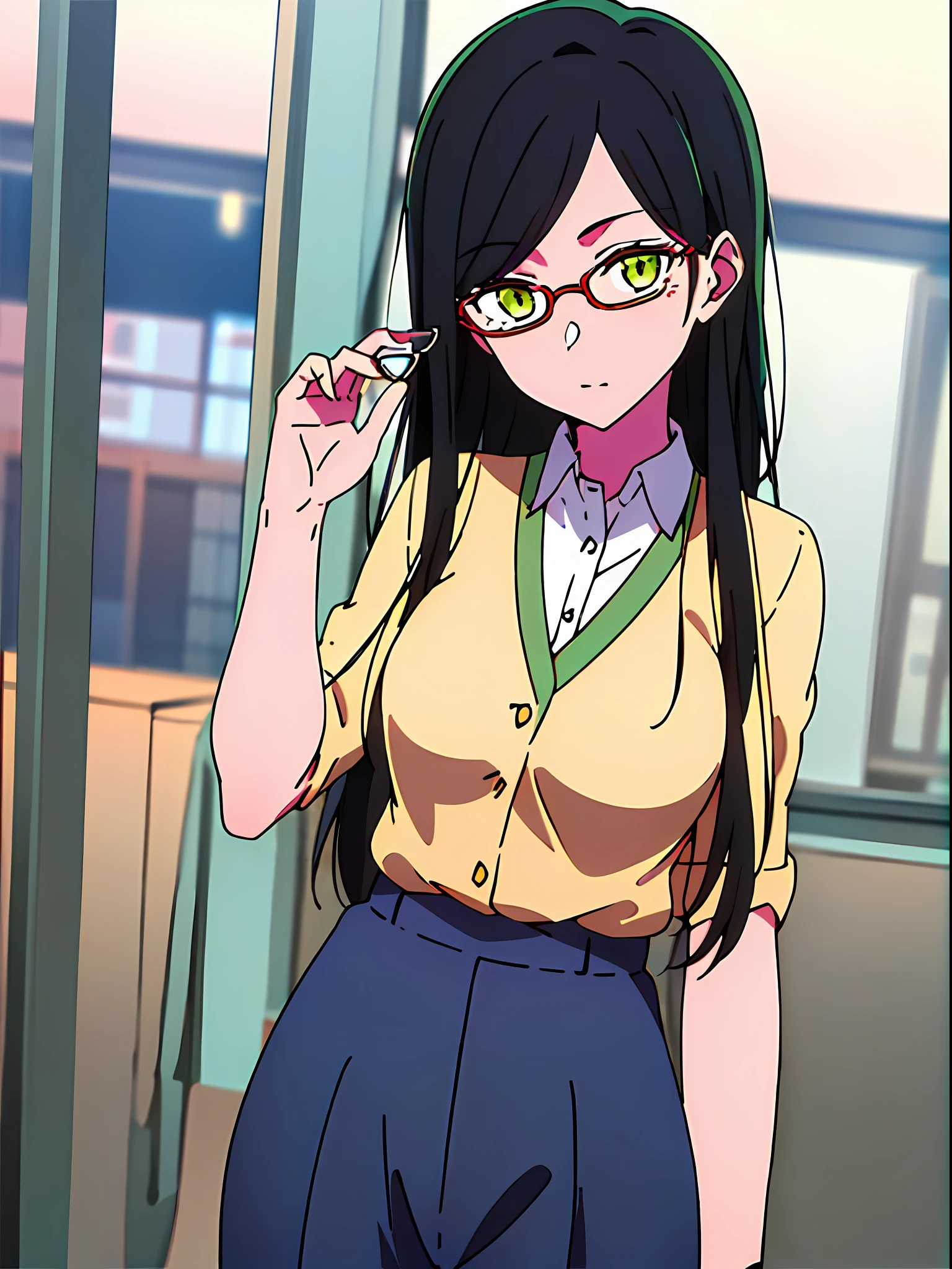 masterpiece,best quality,frillshiranui\(oshinoko\), 1girl, solo,medium_breasts,looking at viewer,school_uniform, (((glasses))), ((rim-less eyewear)), (((mature female))), tall, beautiful, sexy, medium breast, milf, (eyewear:0.9)