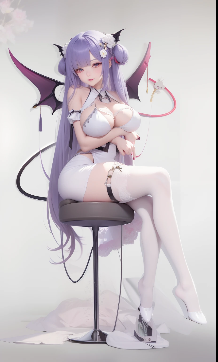 Anime girl sitting on stool， a beautiful succubus,  full body commission for, demon anime girl, Guweiz in Pixiv ArtStation, Guviz, Digital art on Pixiv, Guweiz on ArtStation Pixiv, anime woman fullbody art, Full body CGsociety,Cross ed leg,Big tits,Wet chest,Lace,nedium breasts ,Sex life，Be red in the face,A MILF,cleavage,big assa,upper legs,
