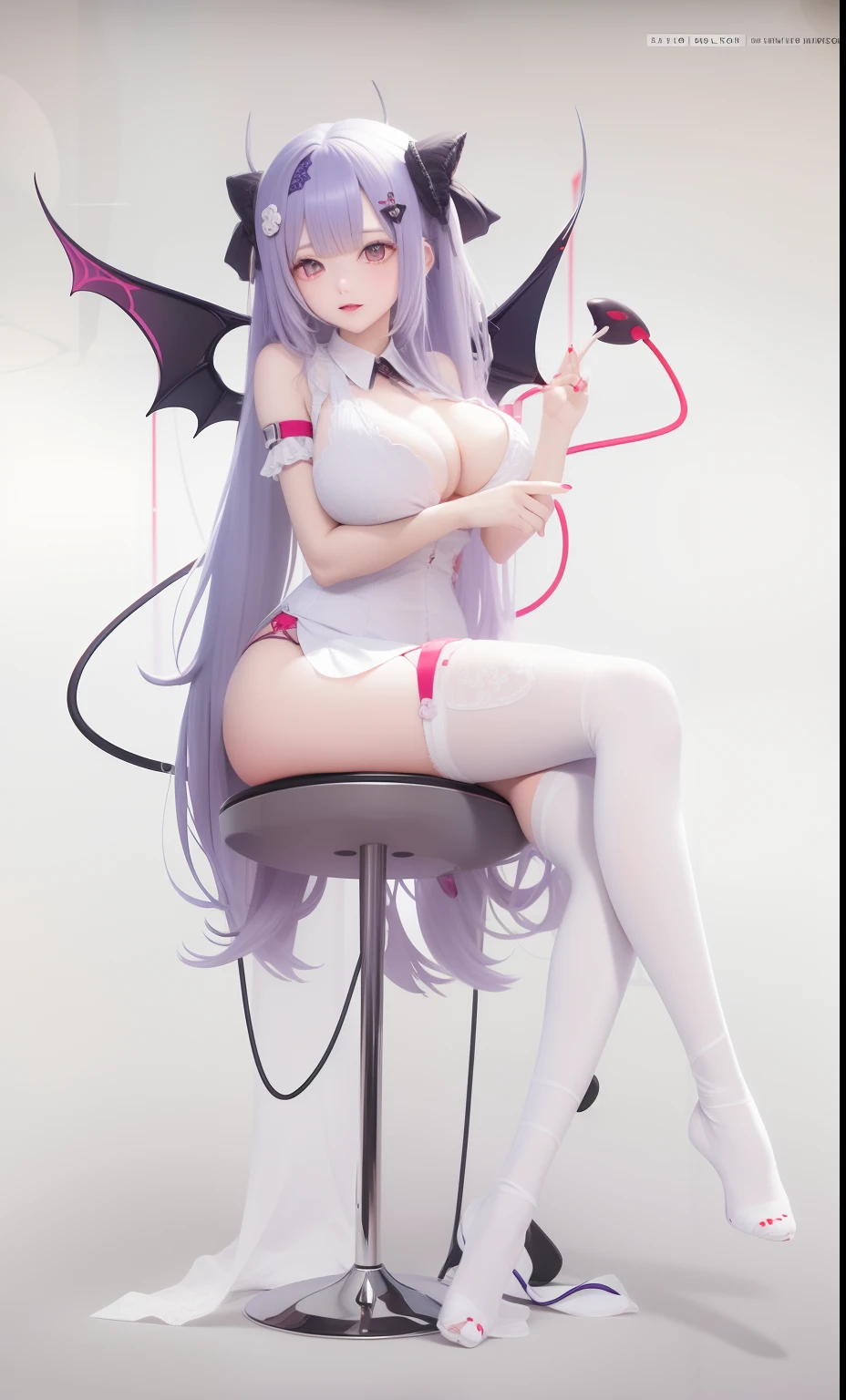 Anime girl sitting on stool， a beautiful succubus,  full body commission for, demon anime girl, Guweiz in Pixiv ArtStation, Guviz, Digital art on Pixiv, Guweiz on ArtStation Pixiv, anime woman fullbody art, Full body CGsociety,Cross ed leg,Big tits,Wet chest,Lace,nedium breasts ,Sex life，Be red in the face,A MILF,cleavage,big assa,upper legs,