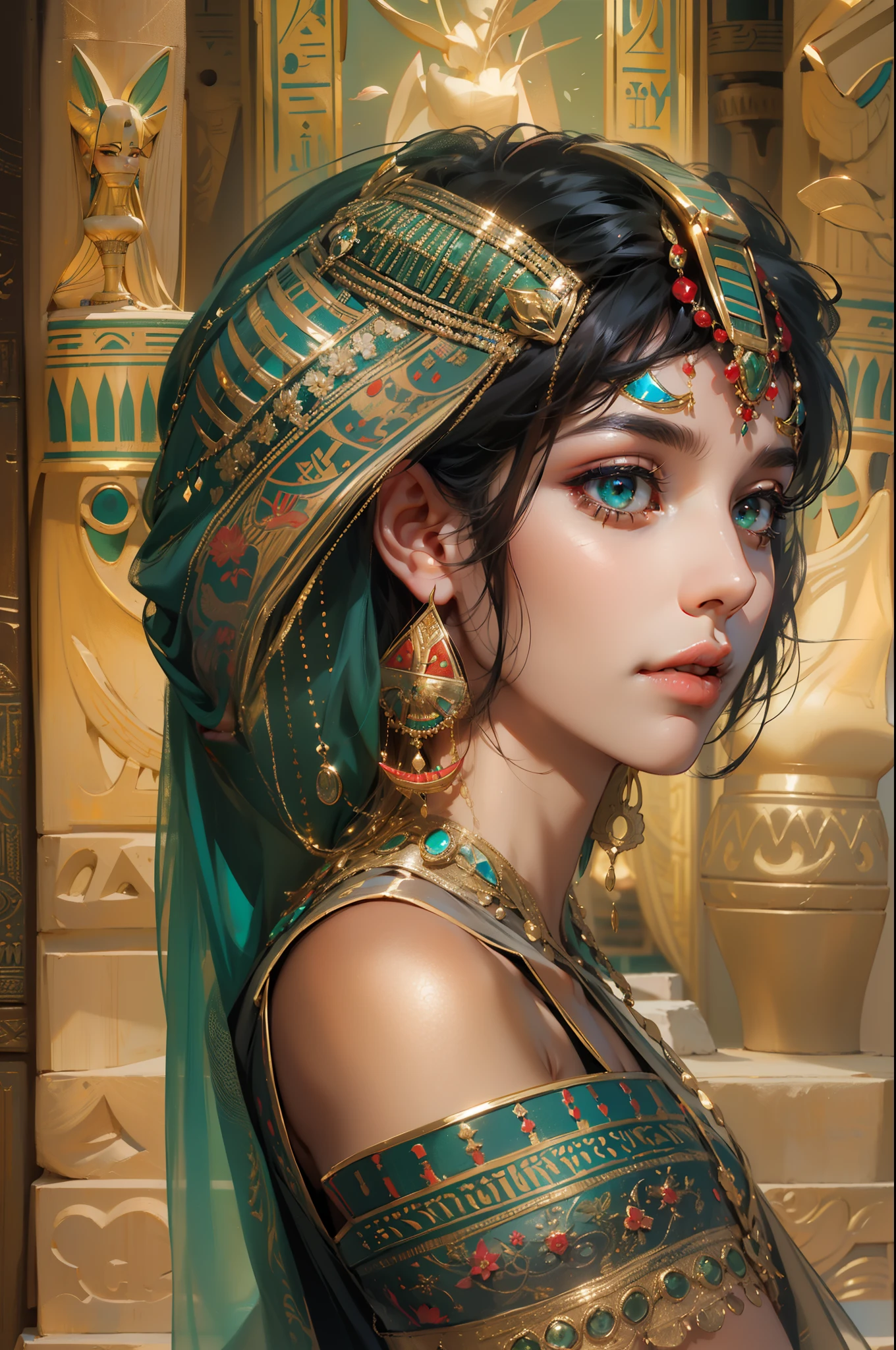 1girll,，Egyptian attire，Egyptian dress-up，queen of Egypt，goddes，Young girls，Emerald eyes，Elaborate Eyes，beauitful face，Stand by the lotus pond，Meticulous CG，Movie images，Beautiful，skin is smooth and fair，super high image quality，Egyptian eyeliner，Egyptian Baotou，Egyptian wigs