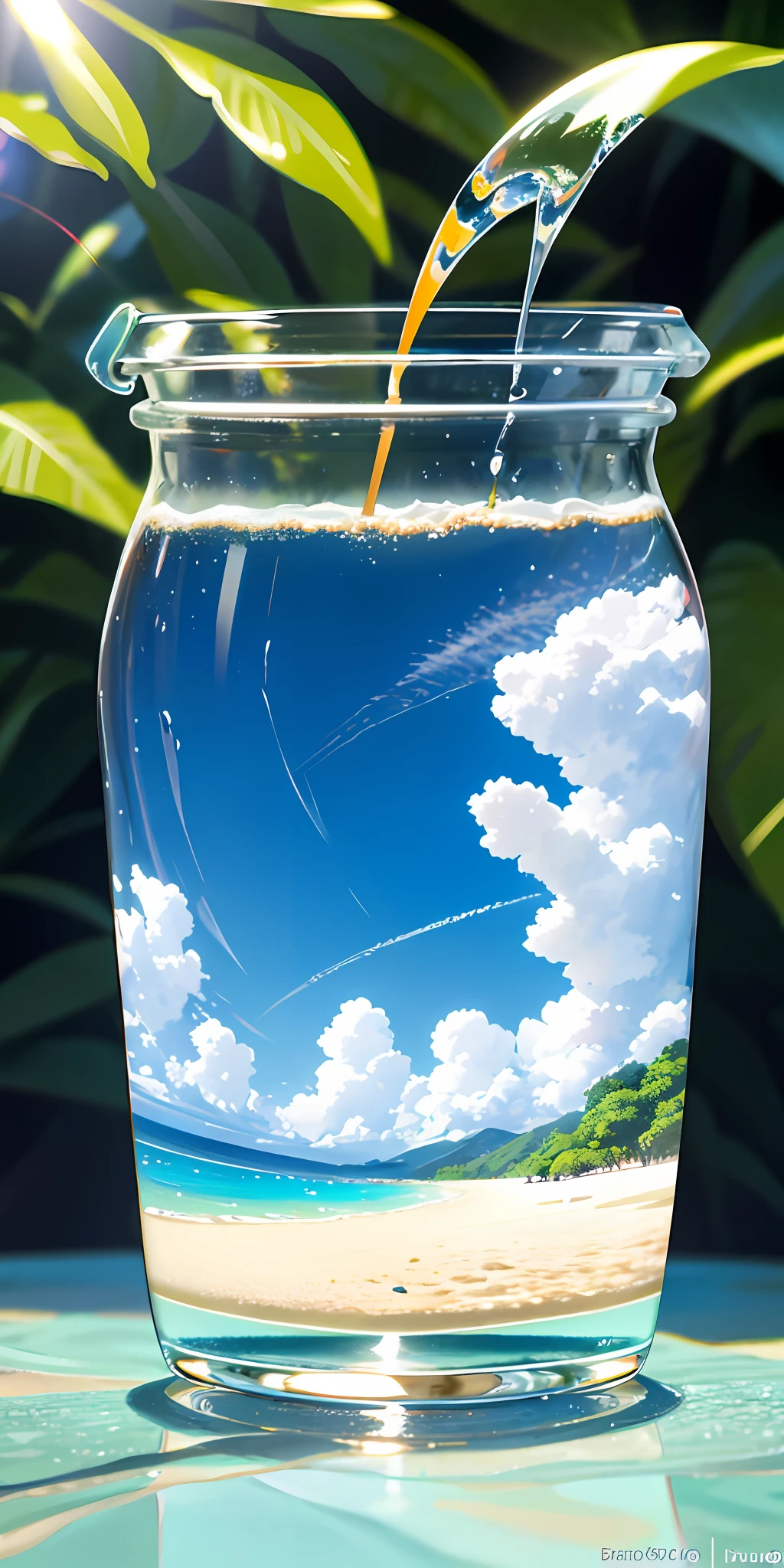 Using the right hand, macro photography depicts picnic scenes themed around a tropical beach holiday in summer. The protagonist of this photo is a cool glass filled with iced carbonated drinks. The lens focuses on glasses, fruit, dazzling midday sun, fisheye lenses, distant views, a hearty meal, (splashed liquid: 1.6), ice, (picnic scene: 0.5) (cute dessert: 0.4), dripping. It's filled with carbonated drinks, translucent liquid, daytime outdoor lights (beach 1.5), tropical plants, hot weather, HD detail, wet watermark, hyperdetail, cinematic, surrealism, soft light, deep field focus bokeh, ray tracing, diffuse (ultra-fine glass reflection), and surrealism.