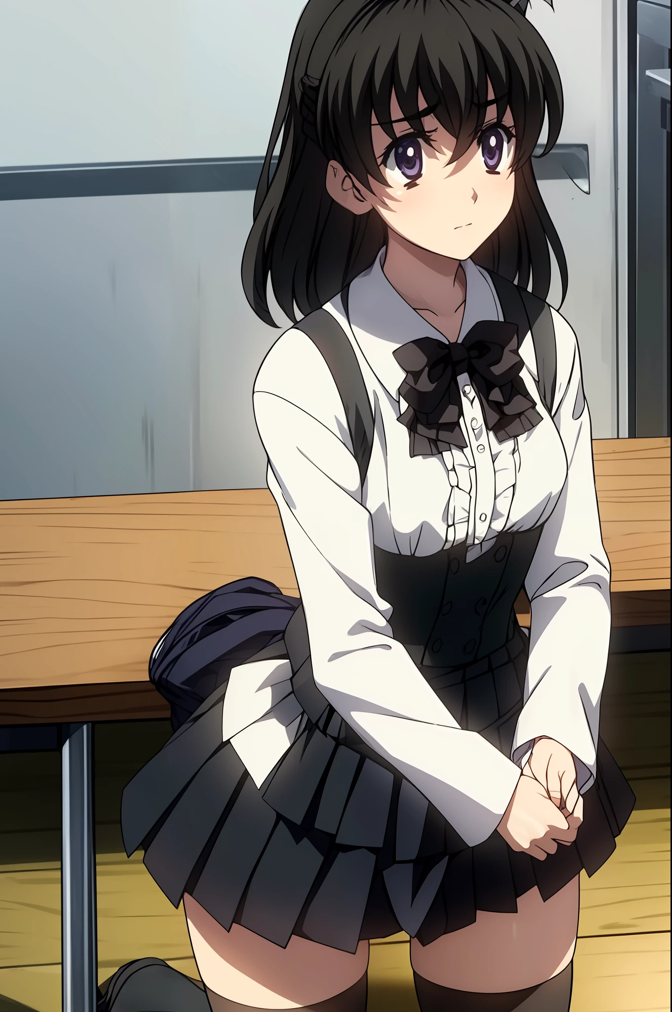 1girl, ahoge, bangs, black_hair, black_legwear, bow, bowtie, closed_mouth, eyebrows_visible_through_hair, hair_between_eyes, indoors, long_hair, long_sleeves, looking_at_viewer, panties, pleated_skirt, school_uniform, shirt, sitting, skirt, solo, thighhighs, white_shirt,(Masterpiece:1.2), Best Quality, High Resolution, Unity 8k壁纸, (illustration: 0.8), (beautiful detailed eyes:1.6), extremely detailed face, perfect lighting, extremely detailed computer graphics, (perfect hands, perfect ???????)