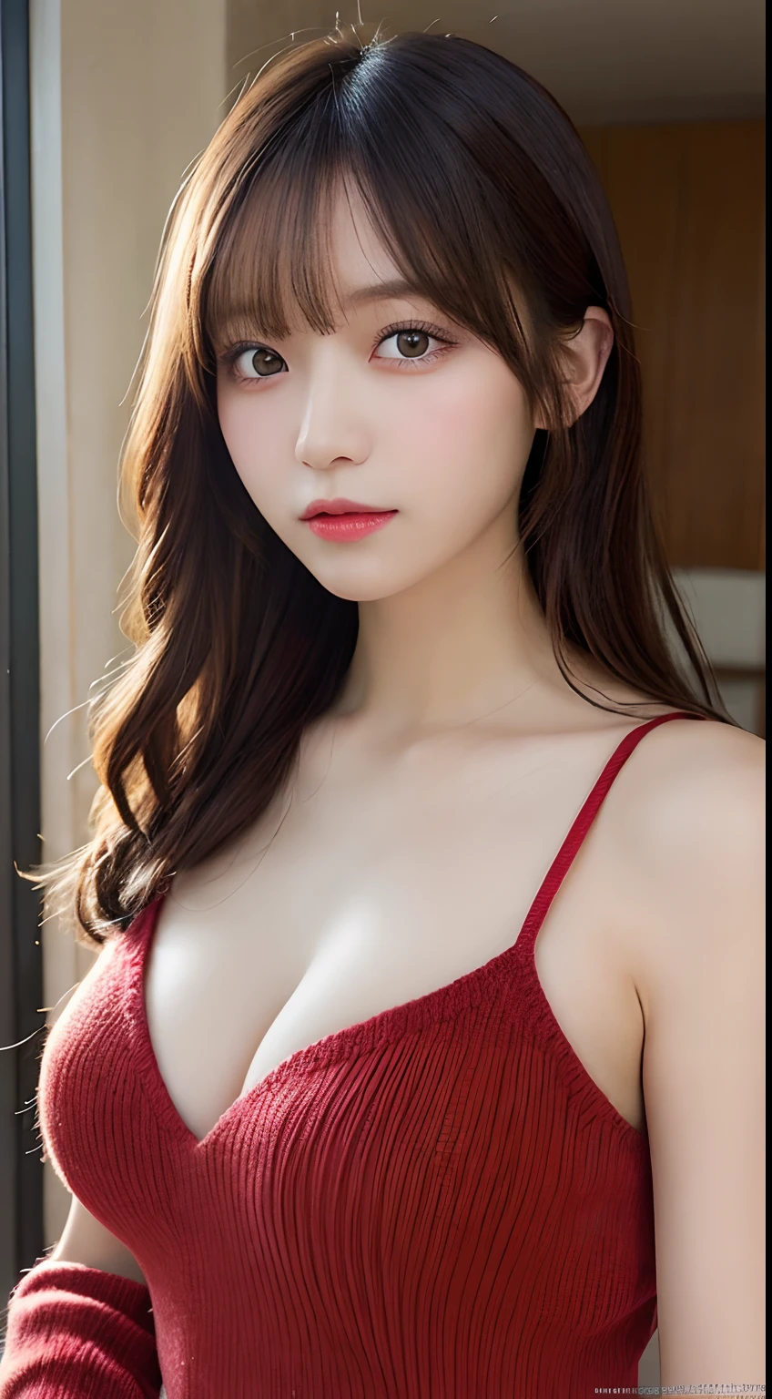 masutepiece, Best Quality, Illustration, Ultra-detailed, finely detail, hight resolution, 8K Wallpaper, Perfect dynamic composition, Beautiful detailed eyes,  Natural Lip, Red knitted dress , Big breasts, cleavage