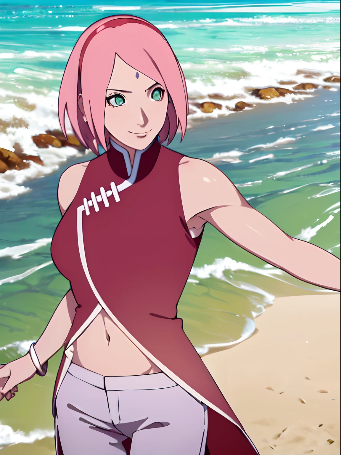 (masterpiece, 1k, anime style, hand drawing, vector coloring, portrait, face shot, professional artwork, detailed beach background, intricate details, colorful, bold drawing lines), (ultra detailed body, ultra detail hair, ultra detail face, attractive, seductive), trending on pixiv, kind smile, very hot color, best quality, 1girl, hires, haruno sakura, contrasty lighting, (forehead mark, milf, red hairband, pale skin, short hair, ((red sleeveless dress), white pants), navel, groin, bracelet, looking at viewer, crossed arms, pink hair, green eyes, perfect eyes, white sciera, anime eyes, smoky eyeliner, eyeshadow, perfect face, smile, beach, wind, floating hair, detailed arms, off-shoulders, muscular arms, standing), sunnyday