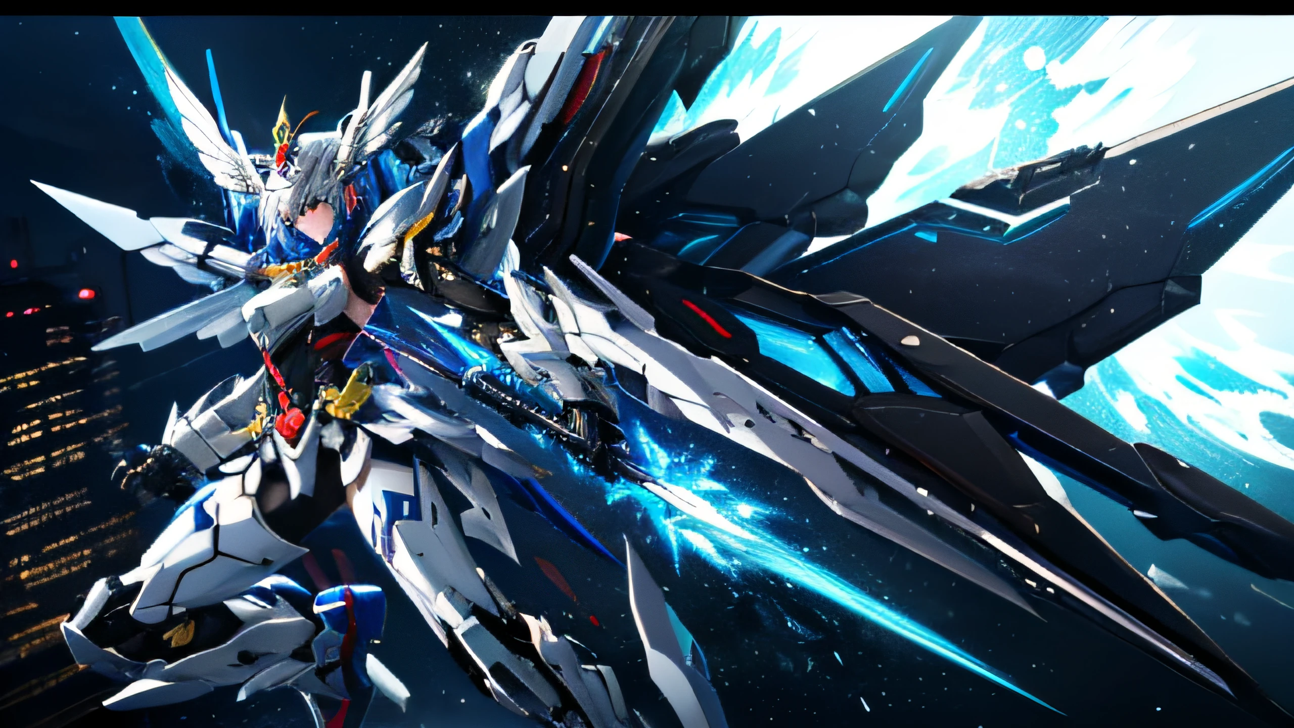 32K, Best quality, Masterpiece, Super detail,Close-up of girl with gun in ruins, From the night of the ark, Mechanized Valkyrie girl, Mecha wings, full-body xianxia, inspired by Leng Mei, anime robotic mixed with organic, mecha anime, arknight, Mobile Suit, modern mecha anime, Keqing from Genshin Impact, girl in mecha cyber armor