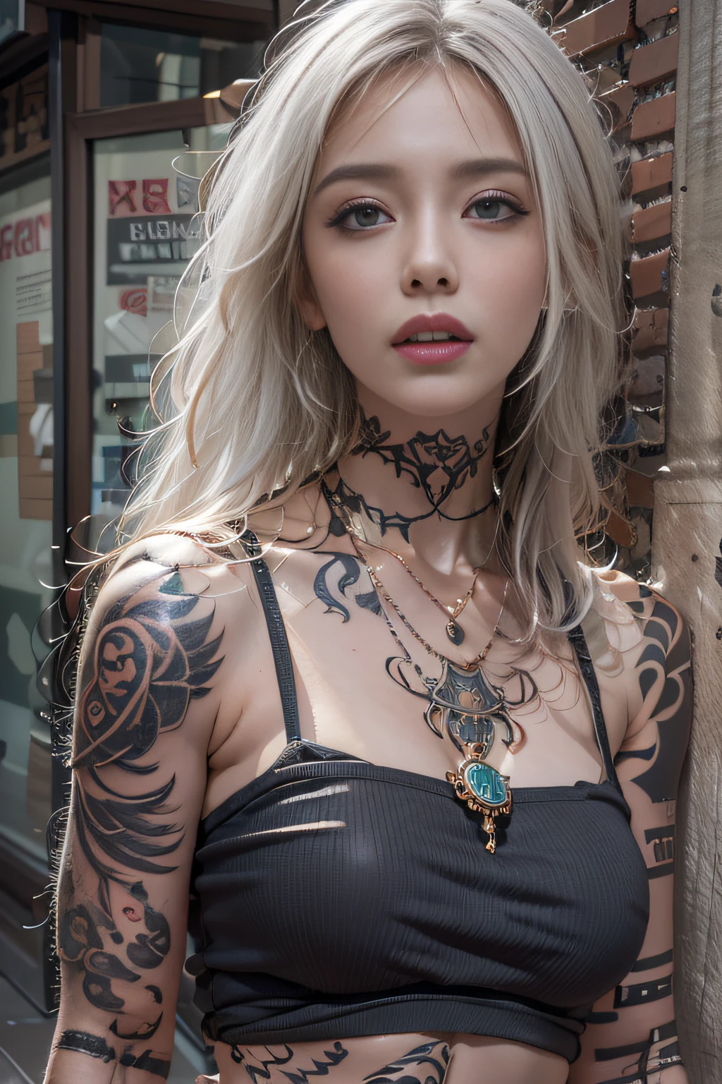 Photorealistic, high resolution, 1womanl, Solo, Hips up, view the viewer, (Detailed face), Narrow waist, closedlips, White hair, Long hair, Street attire, jewelry, Belly tattoo，Tattooed with，Tattooed with，arma，arma