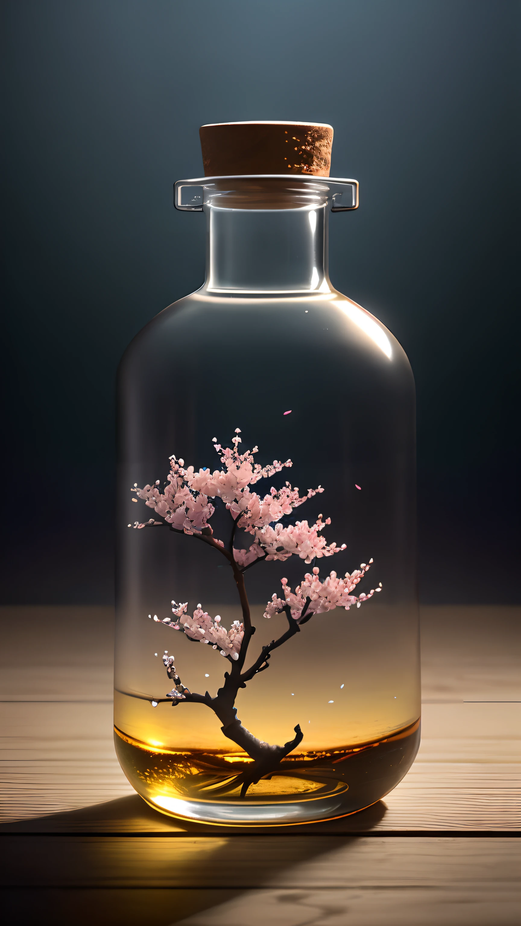 Cherry blossom tree in a bottle，Grows out of the bottle，nipple sticking out，fluffly，realisticlying，Atmospheric light refraction，Photo by Lee Jeffries，Nikon D850 Film Stock Photo 4 Kodak Portra 400 Camera F1.6 shots，rich colours，hyper realistic lifelike texture，dramatic  lighting，unreal engine trending on artstation cinestill 800，Style-Glass