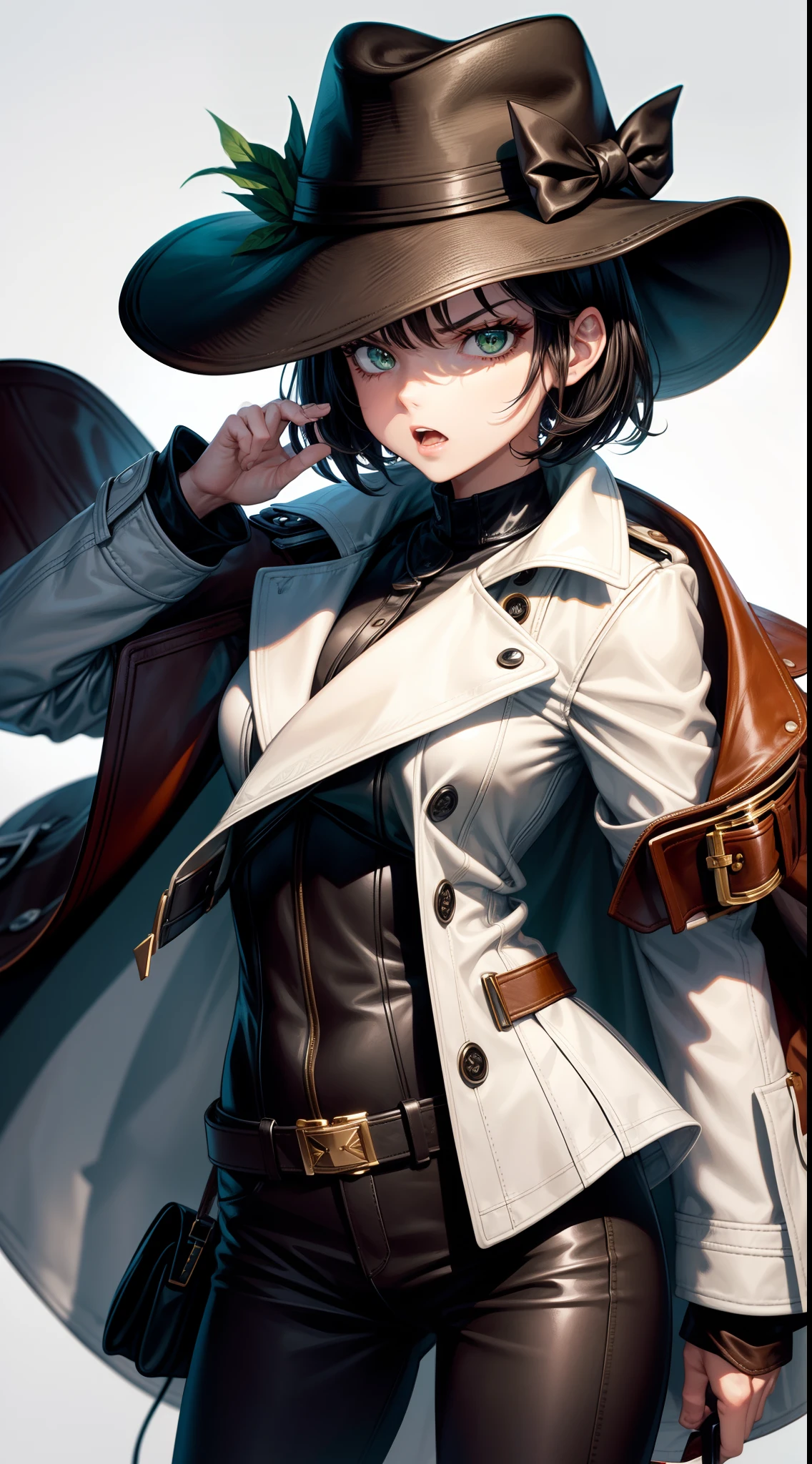 young girl, short black hair, Green eyes, White Mask, brown leather coat, hat, Rorschach, angry, Masterpiece, hiquality