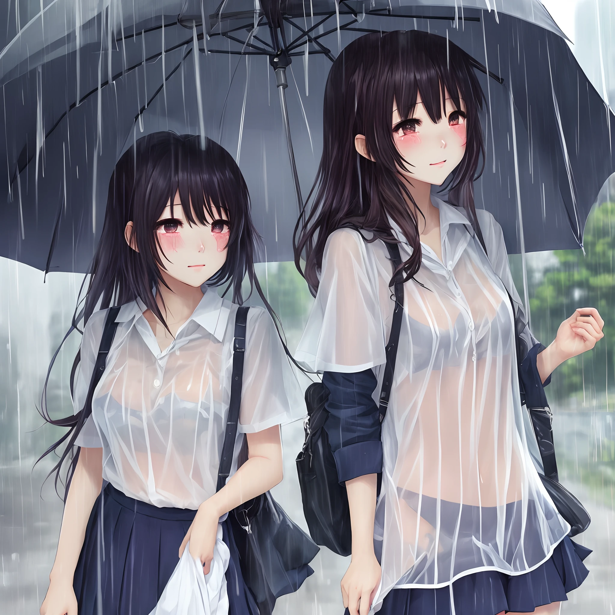 anime style illustration。hi-school girl。Clothes are see-through in the rain。Underwear can see through。Crying face。