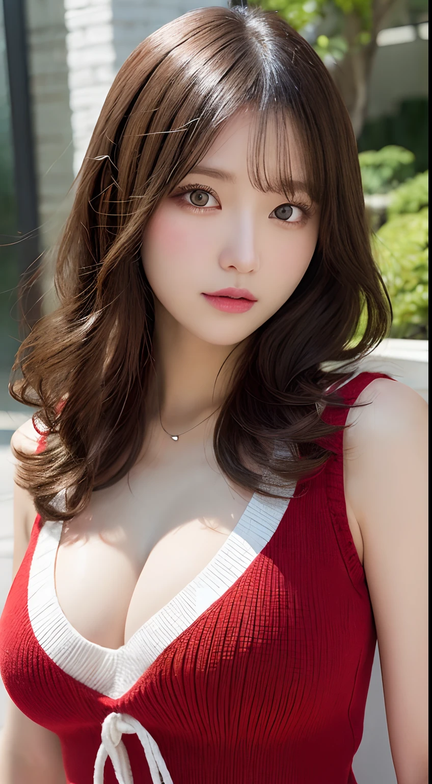masutepiece, Best Quality, Illustration, Ultra-detailed, finely detail, hight resolution, 8K Wallpaper, Perfect dynamic composition, Beautiful detailed eyes, Natural Lip, Red knitted dress , Big breasts, cleavage