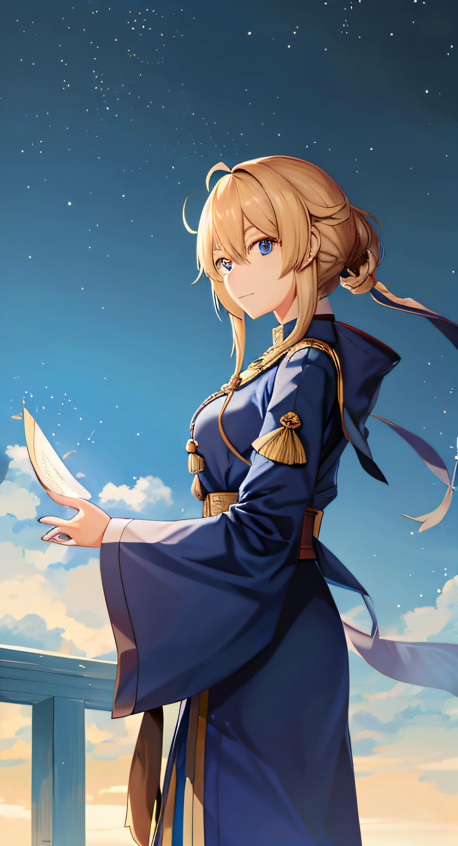 金发蓝裙动漫女孩👩站桥前，High quality 4K animation art style，Kantai collection style，zerochan art，cushart kenz，, Arknights characters，Artoria Pendragon，Close-up of positive characters，Moe anime style，Female pilots。