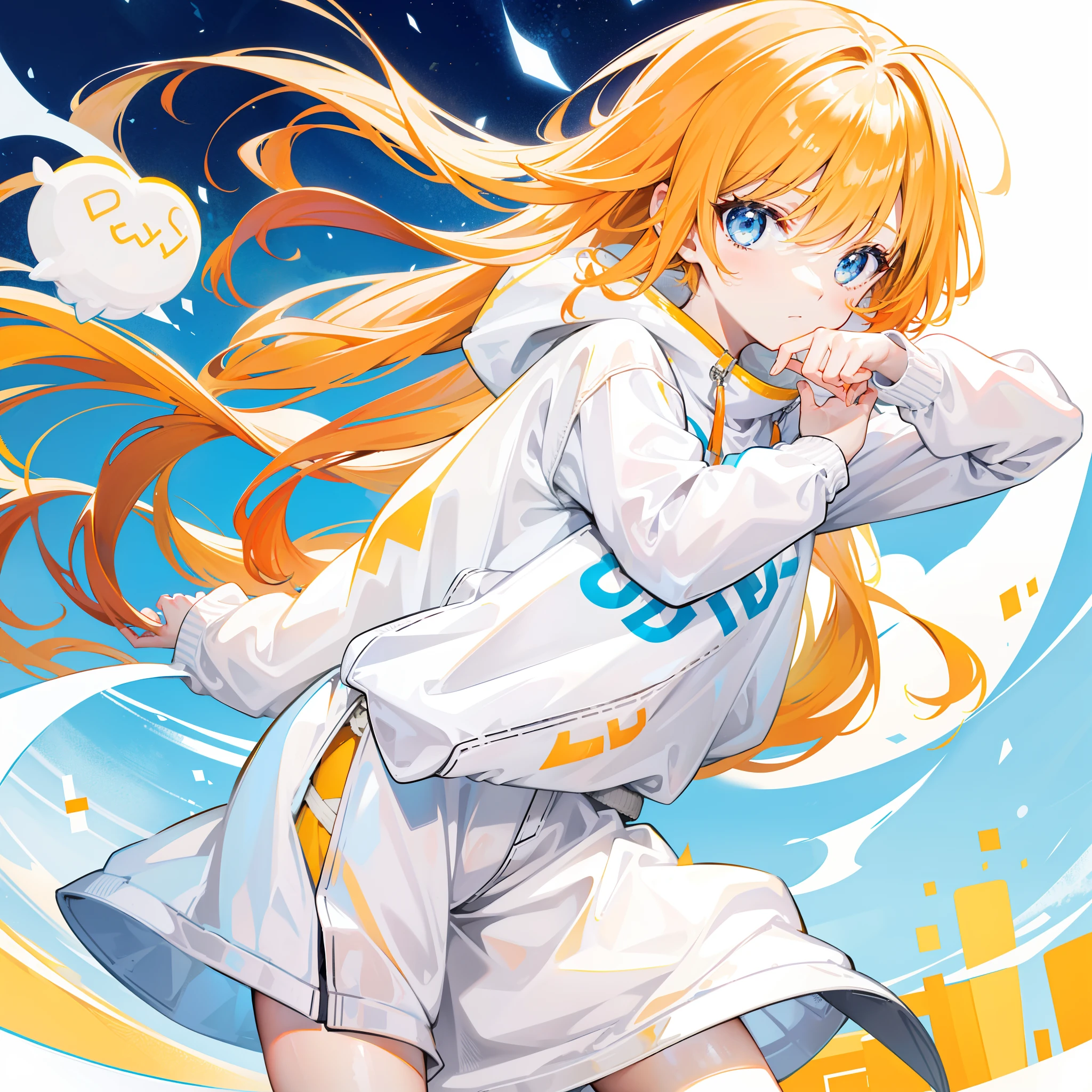 Bright shiny light yellow-orange hair,Yellow is the theme,Wears a simple, Loose, Clean,Light blue sweatshirt,milkyW,No pattern,Looks like a cute sweet girl