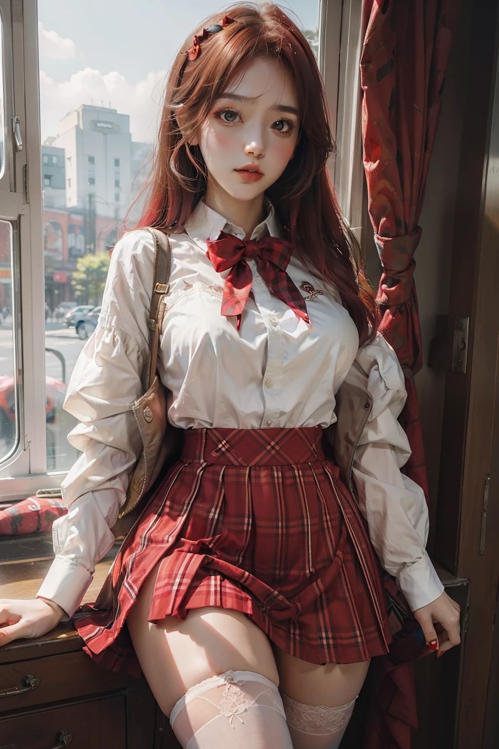 A lovely girl,20yr old,Strawberry pattern shirt,red-plaid-short-skirt,whitestocking,light red hair,Highly saturated clothing,Fashionab,Heavy makeup