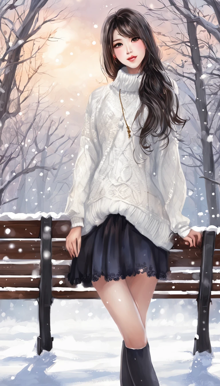 ((From below)), ((full bodyesbian)), ((crossedlegs)), ((Realistic)), Beautiful asian model, Sexy goddess, cabelos preto e longos, Beautiful hair accessories, Sexy legs, slender leg, cold light, the night, starrysky, at winter season, nevando, snowfield, (whitesweater, 围巾, black short skirt), (white colors, black in color), Sit on a bench in the park, Detailed scenes, Beautiful digital illustration, the detail,Hyper-detailed, (best qualtiy,tmasterpiece)