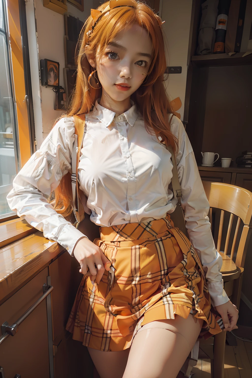 Orange flavor,A lovely girl,20yr old,Orange pattern shirt,Orange plaid skirt,whitestocking,Orange hair,Orange hairpins,Highly saturated clothing,Fashionab,Heavy makeup,Drinking orange soda