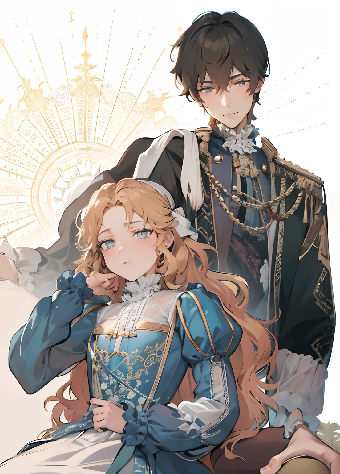 Two people sitting next to each other on a bed, Edmund Blair and Charlie Powater, Prince Sisi the Beautiful, Prince Sisi the sensitive, Both wear Victorian clothes, In the art style of Bowater, Gregoire and Manon, Anime Optical Key Elegant, Prince of the Renaissance, Modern Korean Art Anime, by Izan Kikukawa