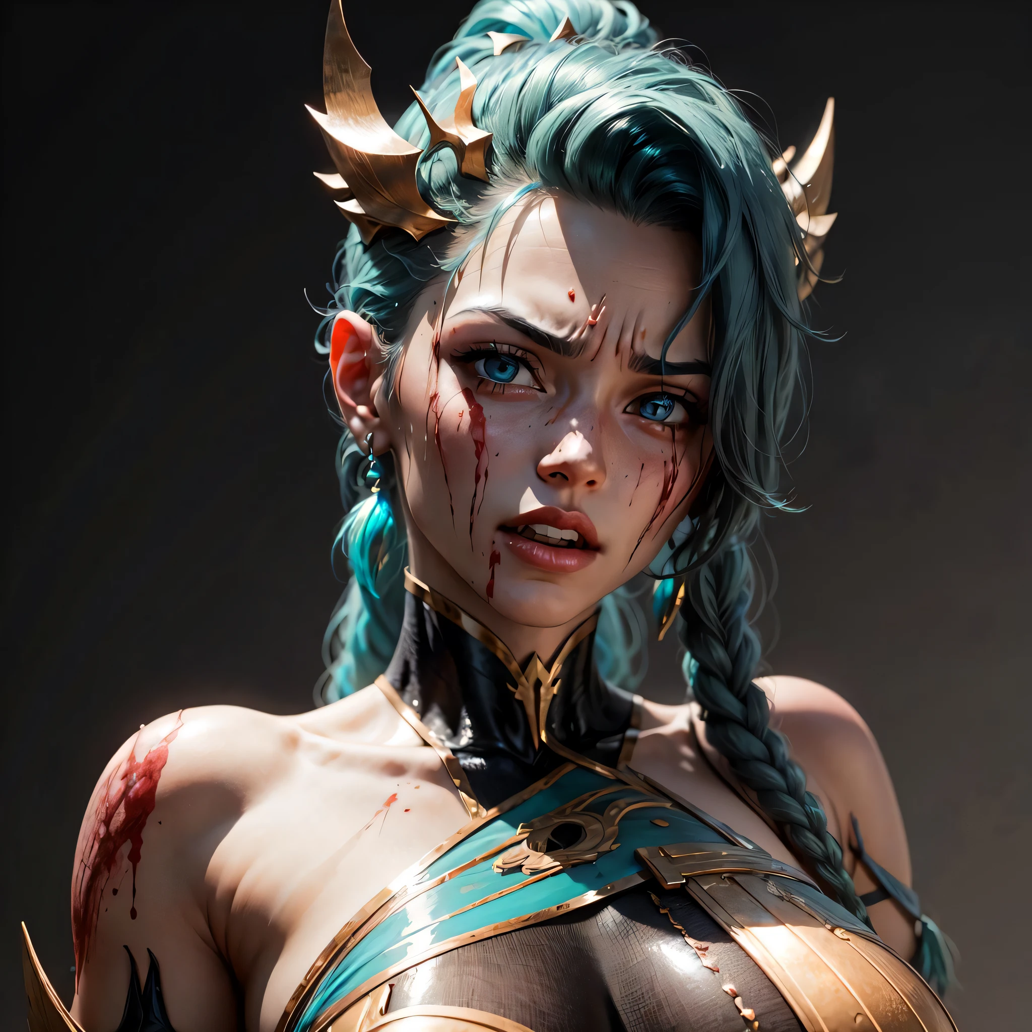 a close-up of an injured beautiful woman, upper body, solo, BREAK open mouth, teeth, despair, (injury, blood, blood on face, clenched teeth:1.3),  BREAK, (simple background, ), large breasts, aqua hair,  1girl, solo, BREAK [Lagoon dragon kaisa:7], BREAK hyperdetailed intricately detailed art trending on Artstation triadic colors Unreal Engine 5 detailed , 8k resolution, deviantart masterpiece,