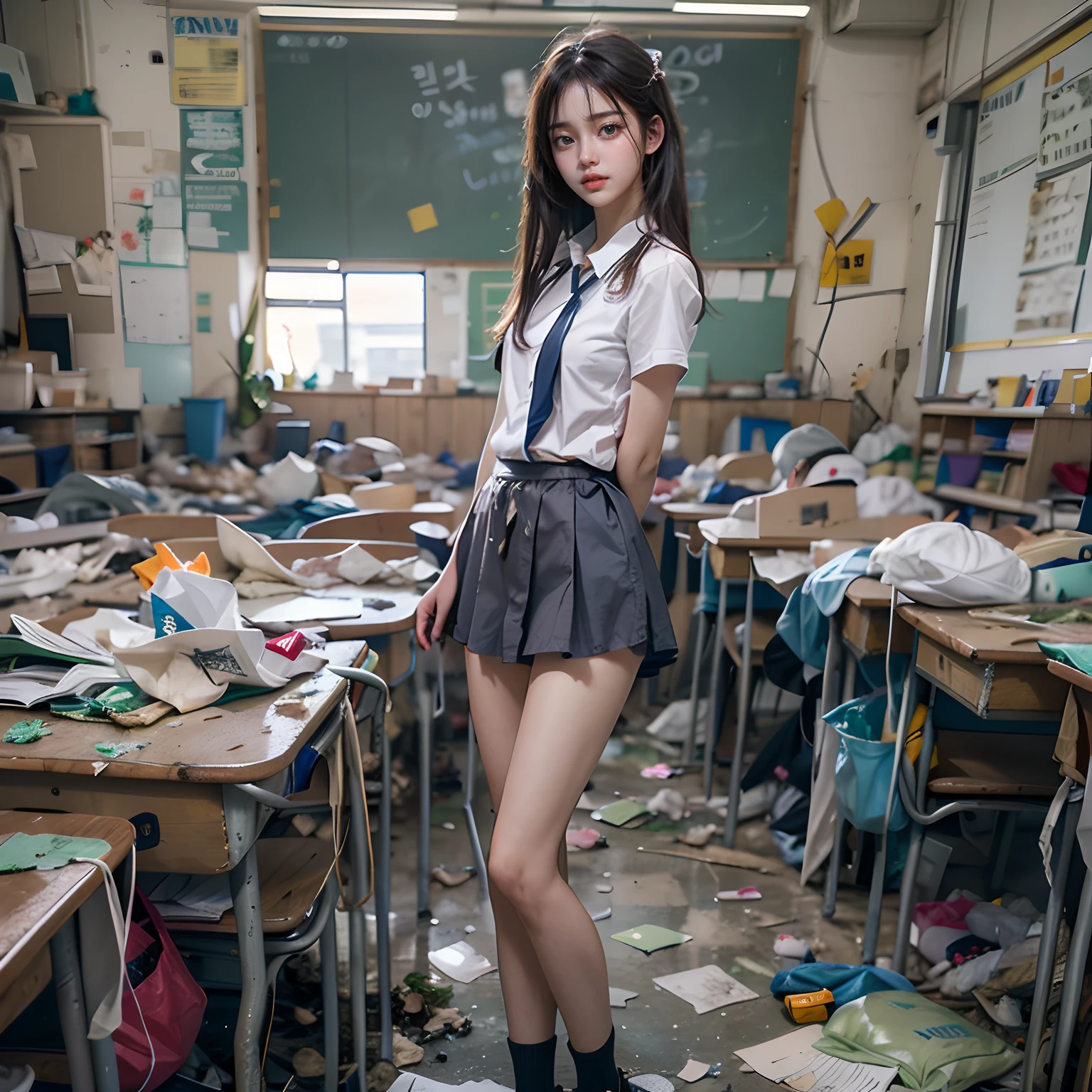 Abandoned classrooms，Garbage all over the ground，18 year old Korean beautiful girl，very beautiful long slim legs，Beautiful whole body randomly naked，exhibitionists，Random exposure of genitals