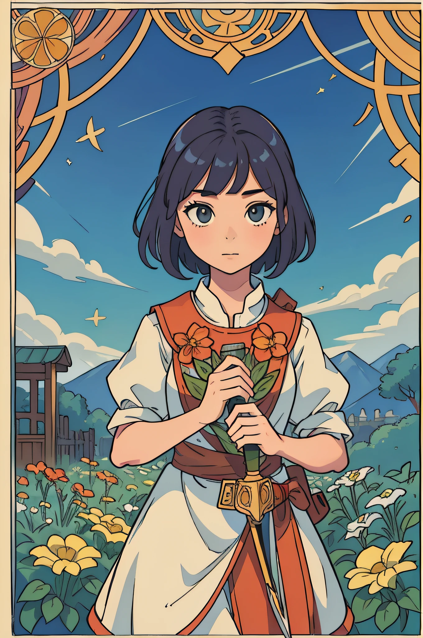 tarot cards,Full tarot border,(best images quality),(The image is surrounded by a tarot card-style border:1.5),(8k wallpaper),(best images quality),(Extremely detailed description),tarot card art,tarot card art, tarot design, beuaty girl,The most beautiful girl in the world,gardener,,blue-sky,Bokeh background,gardening(Take a sprinkler jug;2),quadratic element,(hoang lap,A high resolution,hyper-detailing),Visual storytelling,capturing moments,historical records,social commentary,Powerful images,mosaic art,small,Colored inlays,Intricate patterns,Tile design,Durable surface,Time-honored technology,one-girl,Flat coating,a warm color palette,Beautiful female,Idyllic,Adults,gardening,Hand-held gardening scissors,