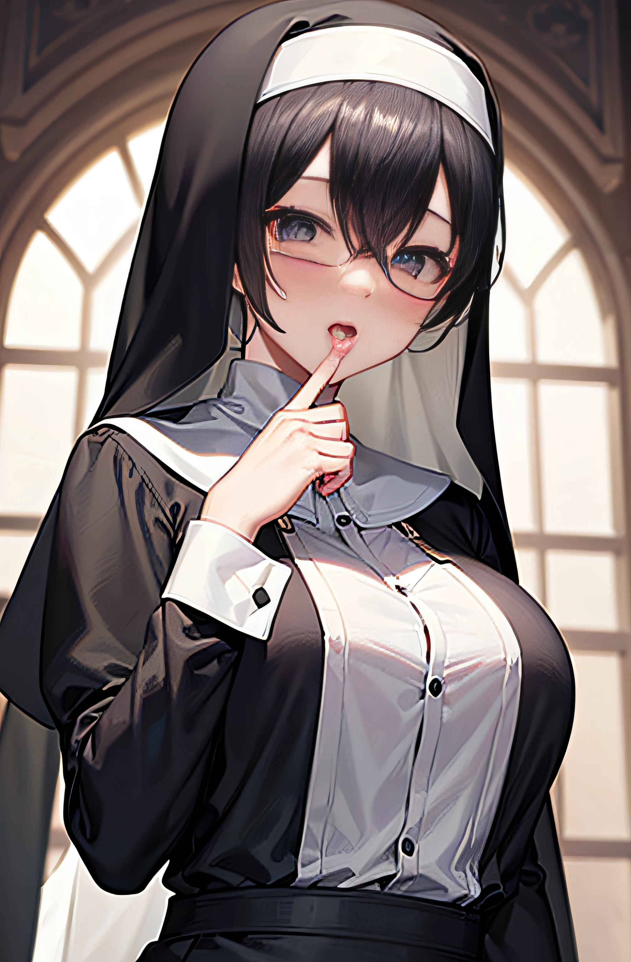 masterpieces, 8k, ultra HD, prim, clothing, elegant pose, hand, nun, white veil, black hair, glare, (blushing: 1.5), open mouth, licking finger, heart eyes, murder