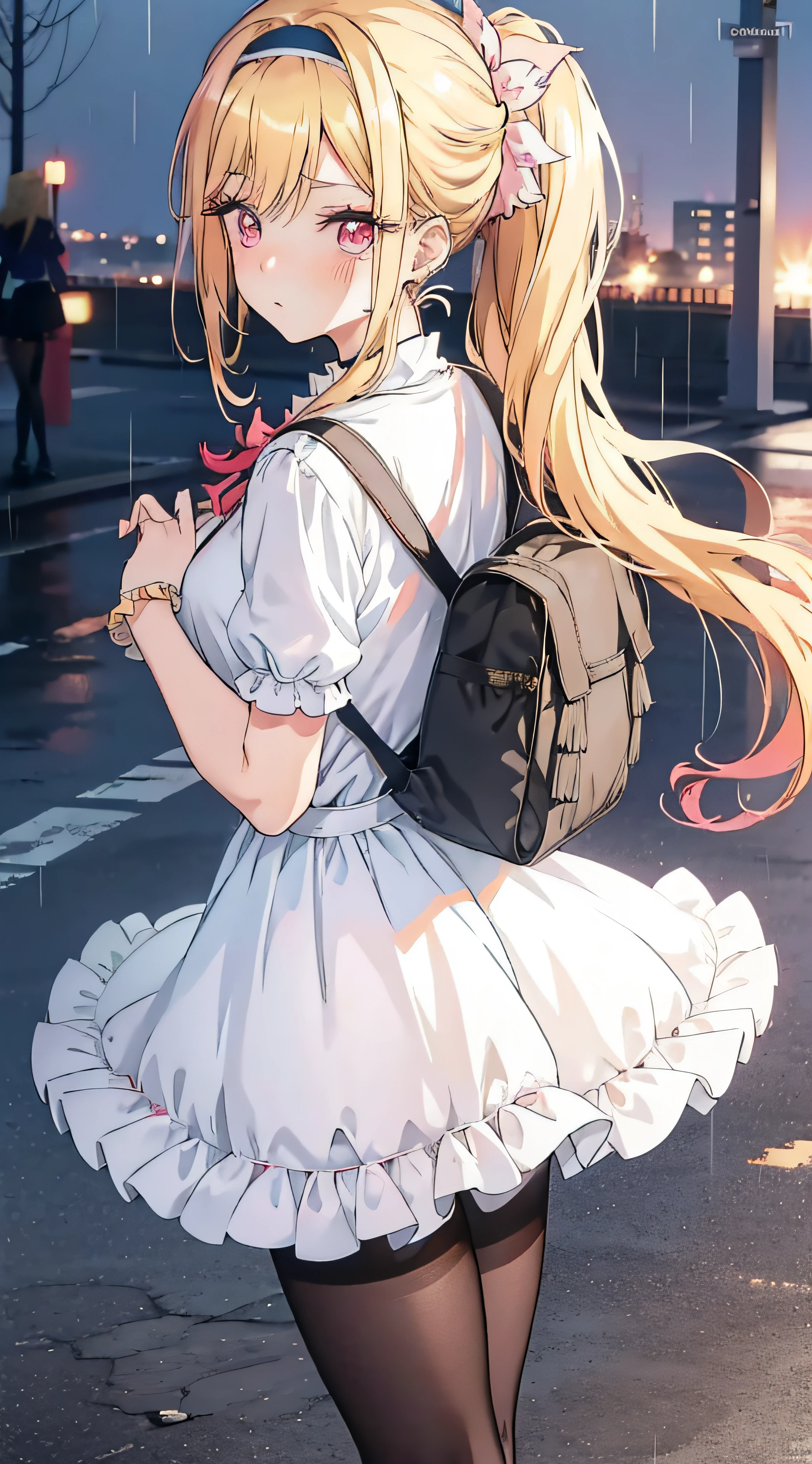 anime girl, Marin Kitagawa, anime my dress up darling, alone, looks at viewer, blonde hair, hair tied back, ponytail, headband on hair, makeup, gyaru dressed as schoolgirl, long skirt, pantyhose, feminine shoes, ponytail, backpack, blushes, in love, autumn, sunset, northern lights, lightning, rain