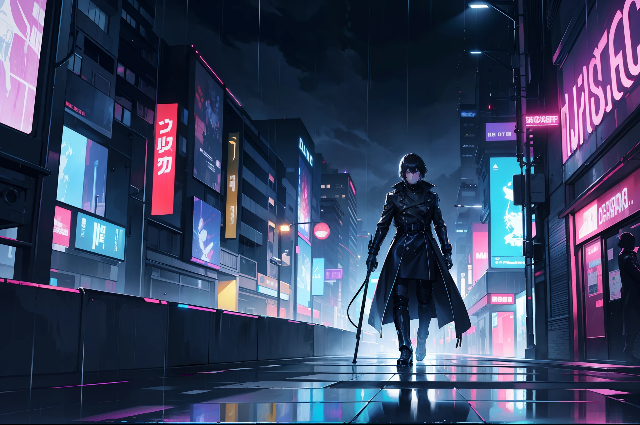 masterpiece,(bestquality),highlydetailed,ultra-detailed, intense shadows, in a cyberpunk city, with glowing neon lights, dark, rainy night, in the rain, intense reflections, futuristic architecture, metallic textures, glowing chrome accents, high-tech gadgets, mysterious atmosphere, lone protagonist wearing a trench coat, shining reflections on wet pavement, neon-lit signs, futuristic vehicles, slick and reflective surfaces, cascading raindrops, dramatic lighting, high contrast, smoky alleys.
