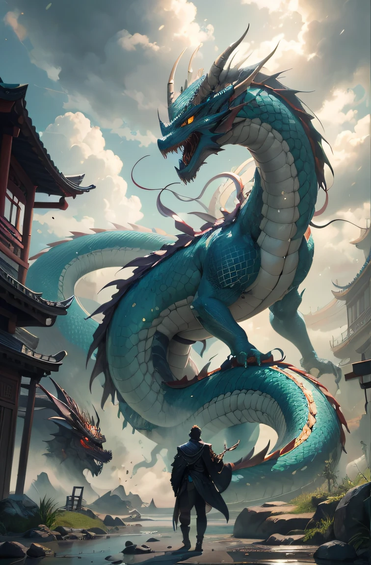 painting of a man standing in front of a dragon statue, cyan chinese dragon fantasy, chinese dragon concept art, cgsociety and fenghua zhong, by Bayard Wu, by Jeremy Chong, ross tran 8 k, dragon art, by Yang J, by Victor Wang, trending on cgsociety art, legendary dragon, chengwei pan on artstation, blue dragon
