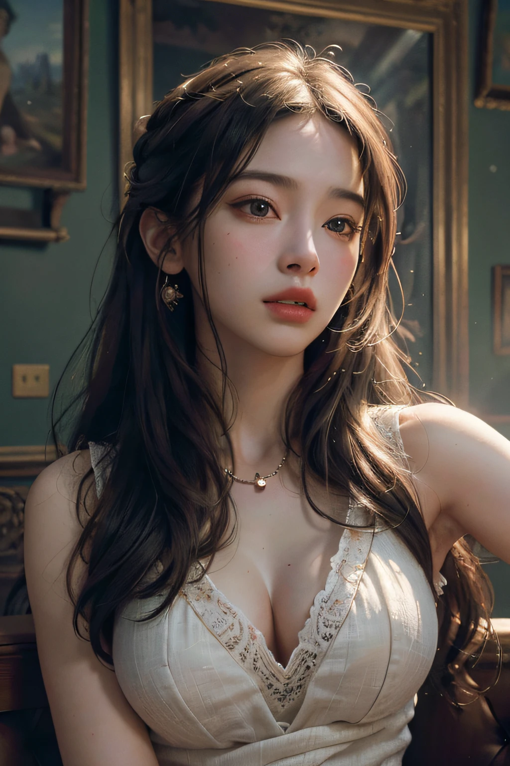 (RAW photo, best quality), (realistic, photo-realistic:1.3),best quality,highly detailed,masterpiece,ultra-detailed,illustration,1girl,upper_body,dynamic angle,world masterpiece theater,messy_long_hair,best quality,extremely detailed CG unity 8k wallpaper,ink,Amazing,cinematic lighting,lens_flare, dunhuang_style