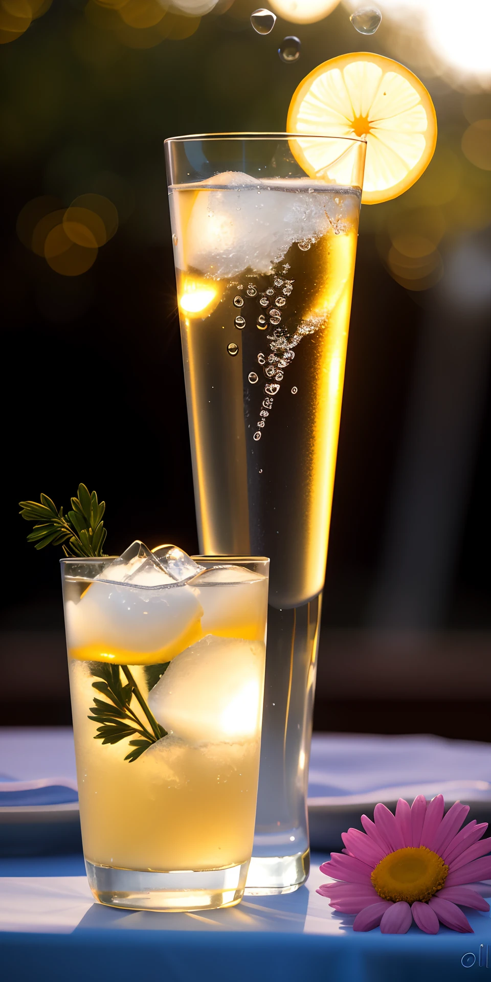 A glass with drops of water filled with carbonated drinks, translucent liquid, ice cubes, bubbles, a floral crown of daisies and lavender on picnic tablecloths, midday outdoor lighting, open air, natural background, summer day, hot weather, high detail, very humid humidity, high brightness, wet watermarks, overdetail, super detail superdetailing, surrealism, soft light, studio lighting, diffuse soft light, shallow depth of field, sharp focus, bokeh effect, light tracking, subsurface scattering, complex soft light, diffuse soft light, highly detailed glass reflection, ultra-thin (superfine, ultra-thin) (thin, fine, ultra-detailed), cinematic, surrealism, armature, best quality, ultra-high resolution (photorealistic: 1.4), high resolution, detail, raw photography, clear reproduction, stock camera 4 kodak portra 400, f1.6 lens, realistic texture, dramatic lighting, unreal engine, popular on artstation, cinemas up to 800 ,