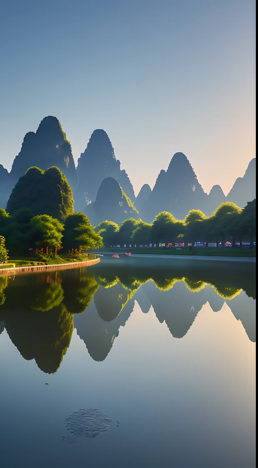 Masterpiece, best quality, extremely beautiful reflection, best reflection. (Very detailed CG 8K wallpaper), (best quality), (best illustration), (best shadow), landscape pictures of Guilin, photorealistic and early morning.