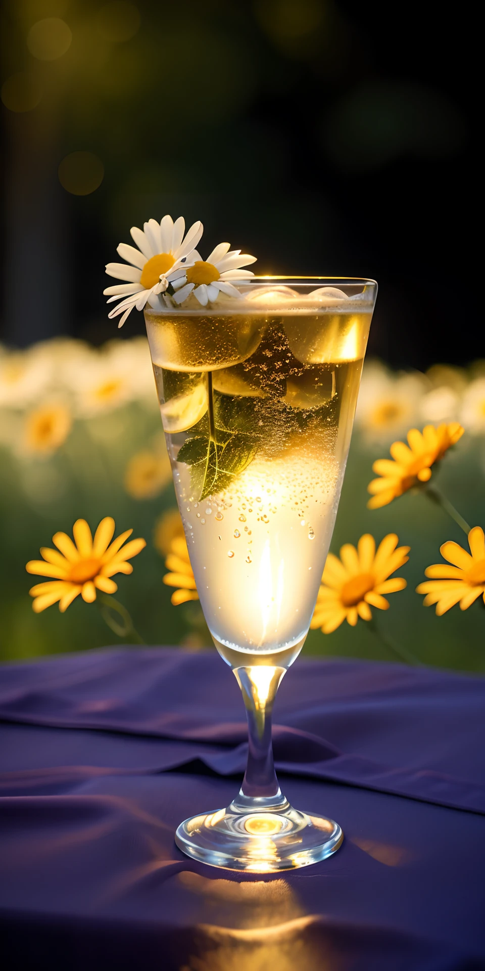A glass with drops of water filled with carbonated drinks, translucent liquid, ice cubes, bubbles, a floral crown of daisies and lavender on picnic tablecloths, midday outdoor lighting, open air, natural background, summer day, hot weather, high detail, very humid humidity, high brightness, wet watermarks, overdetail, super detail superdetailing, surrealism, soft light, studio lighting, diffuse soft light, shallow depth of field, sharp focus, bokeh effect, light tracking, subsurface scattering, complex soft light, diffuse soft light, highly detailed glass reflection, ultra-thin (superfine, ultra-thin) (thin, fine, ultra-detailed), cinematic, surrealism, armature, best quality, ultra-high resolution (photorealistic: 1.4), high resolution, detail, raw photography, clear reproduction, stock camera 4 kodak portra 400, f1.6 lens, realistic texture, dramatic lighting, unreal engine, popular on artstation, cinemas up to 800 ,