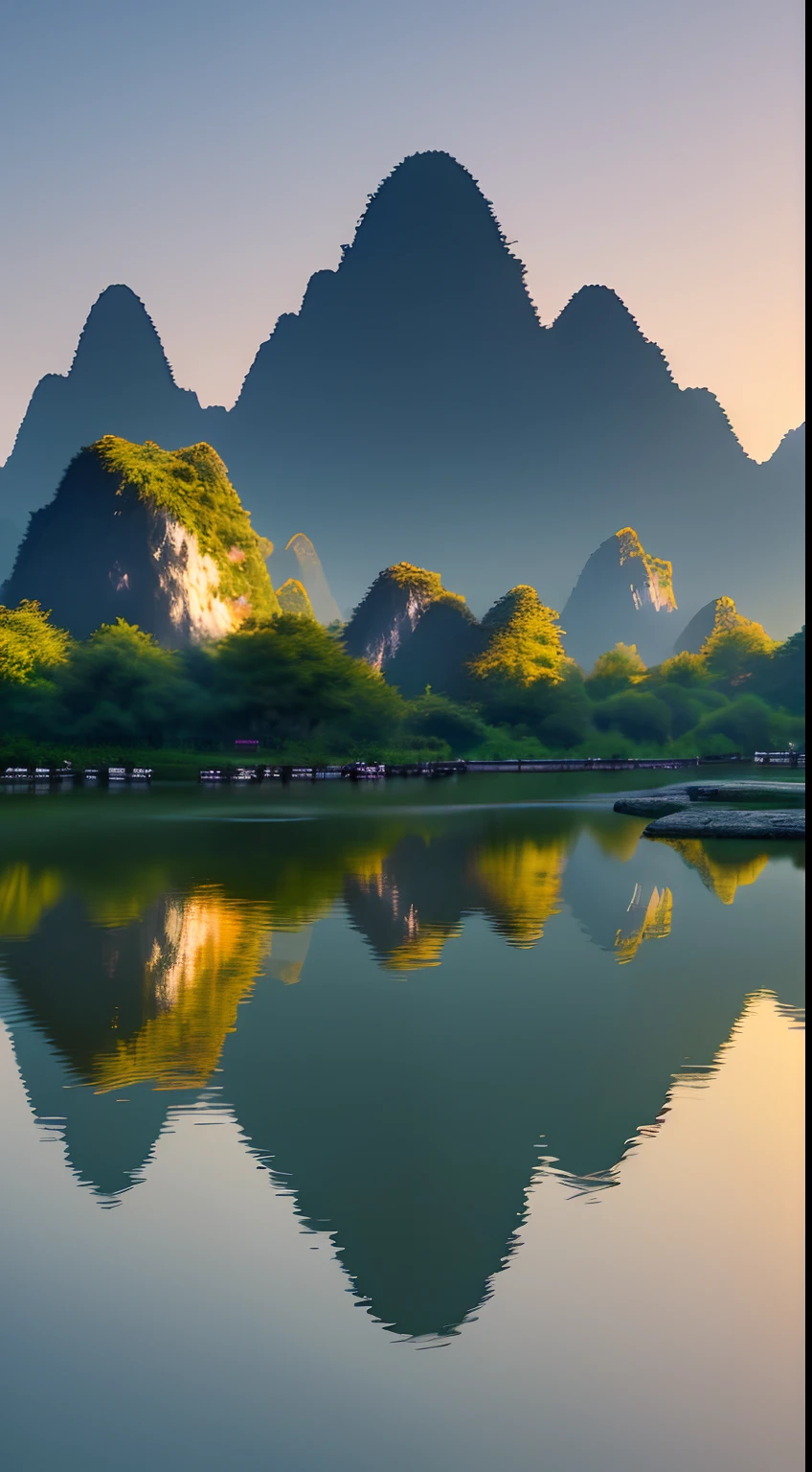 Masterpiece, best quality, extremely beautiful reflection, best reflection. (Very detailed CG 8K wallpaper), (best quality), (best illustration), (best shadow), landscape pictures of Guilin, photorealistic and early morning.