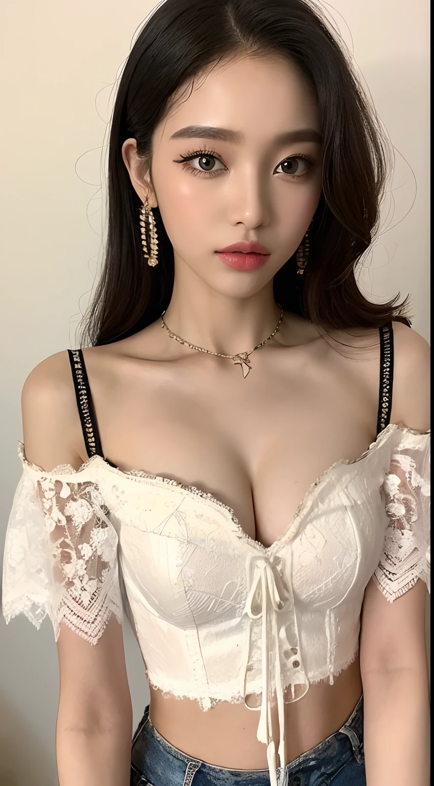 one African model ,Unique details, lace embroidered bustier off shoulder blouse, Near future, Curvilinear details , double eyelid, simple background