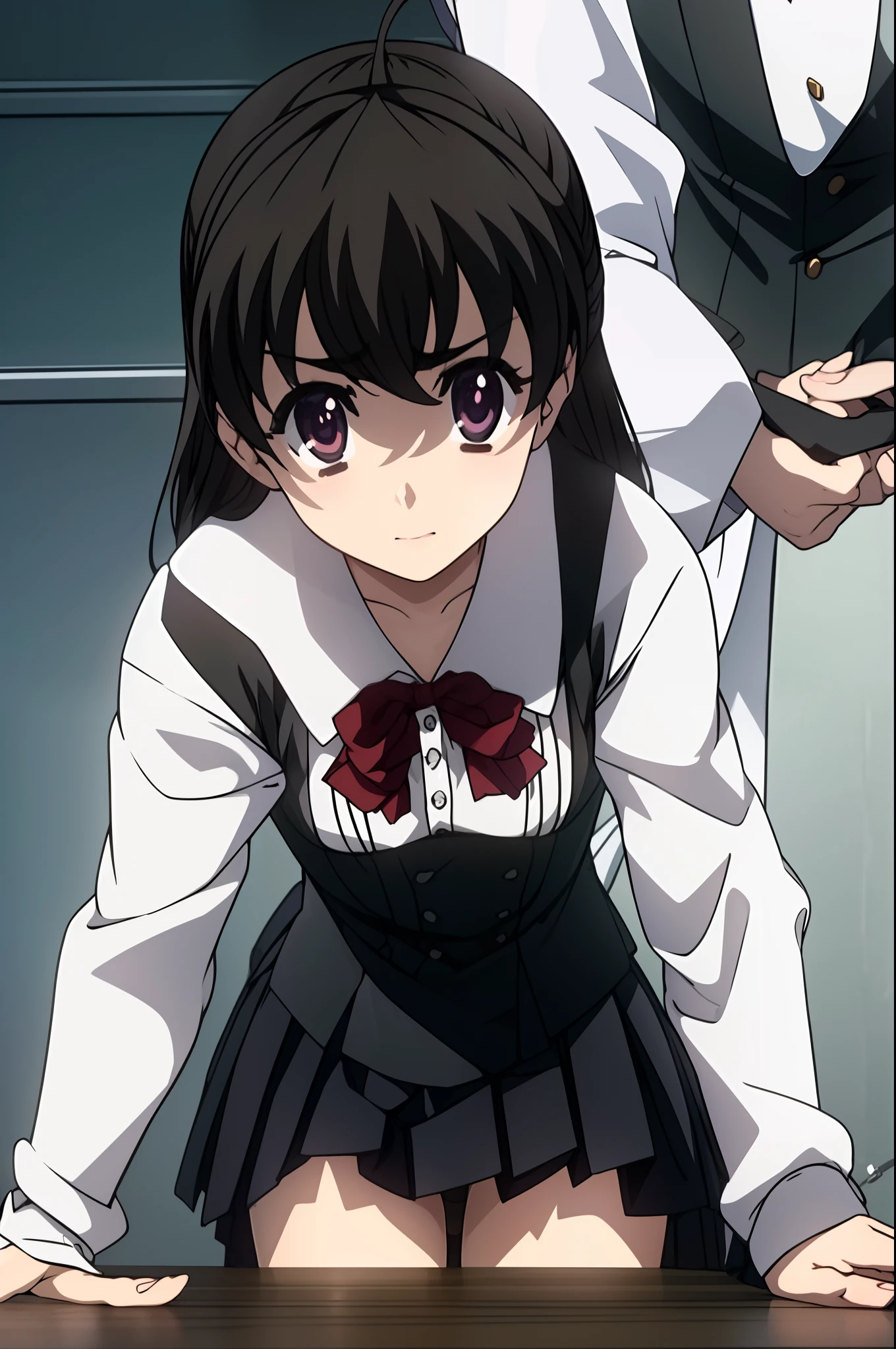 1girl, ahoge, Bangs, black_Hair, black_legwear, bow, bowtie, hooded_mouth, eyebrows_visible_through_Hair, Hair_between_eyes, Indoors, Long_Hair, Long_Sleeves, olhando_at_Viewer, panty, Pleated_???????, school_uniform, Shirt, sitting, ???????, 独奏, thights, thights, White_Shirt,(Masterpiece:1.2), Best Quality, High Resolution, Unity 8k壁纸, (illustartion: 0.8), (beautiful detail eyes:1.6), extremely detailed face, perfect lighting, extremely detailed CGI, (perfect arms, perfect ???????)