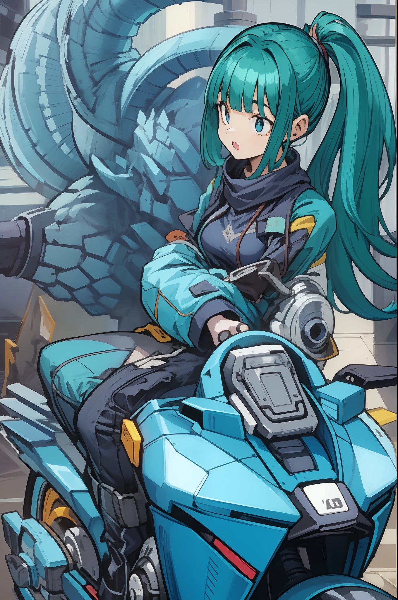 Beautiful girl with blue double ponytail braids, sexy mecha costume, leaning on the side of the motorcycle, dragon ball animation style