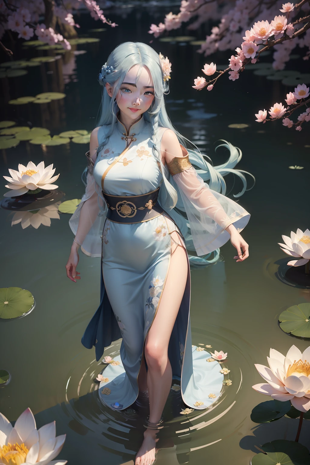 ((4k,masterpiece,best quality)), shuimobysim, Chinese painting, lotus, hanfu, maxiskit, dress boldly 1girl, solo, long blue hair, smile, standing, feet in water, barefoot,