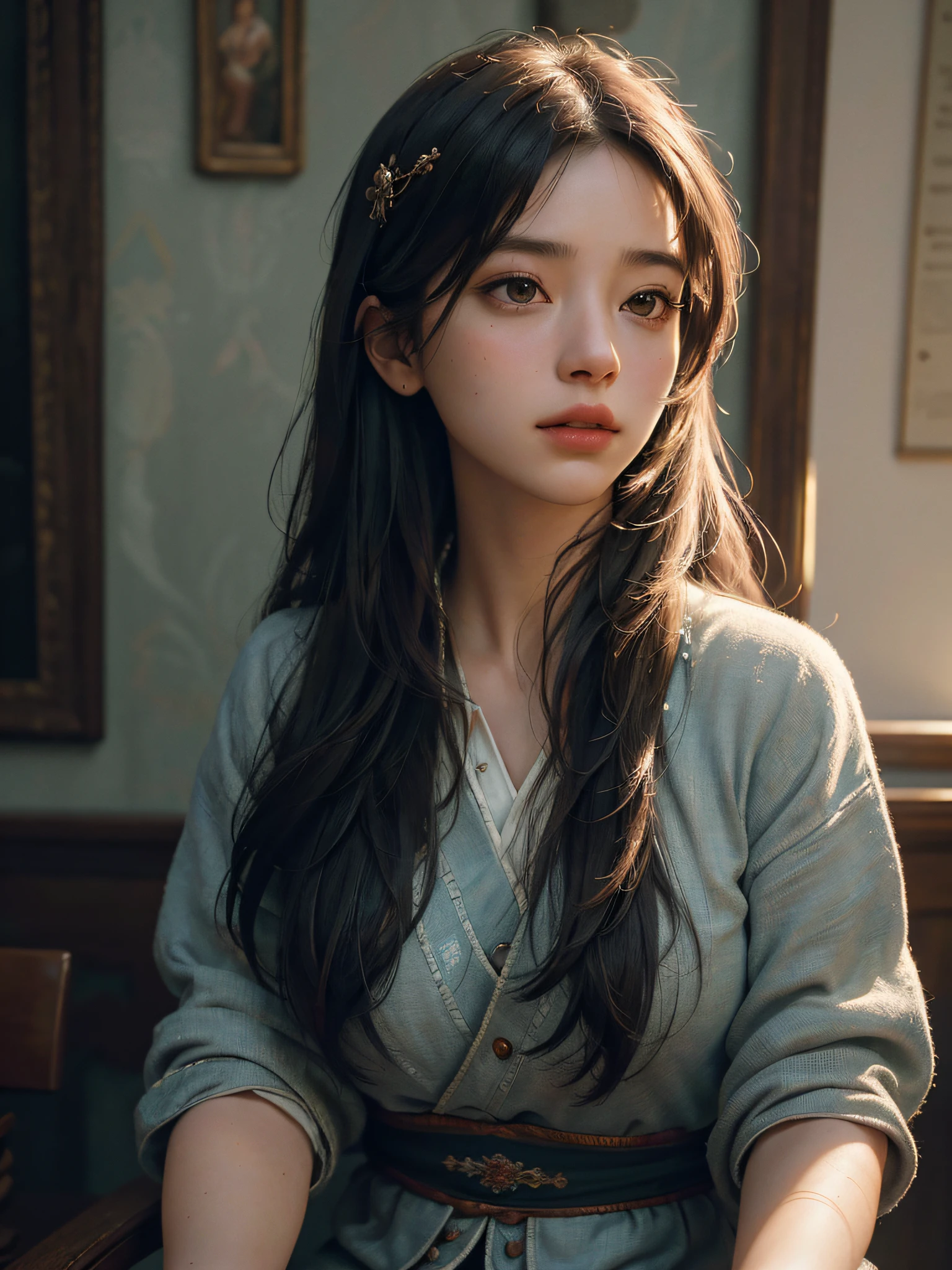(RAW photo, best quality), (realistic, photo-realistic:1.3),best quality,highly detailed,masterpiece,ultra-detailed,illustration,1girl,upper_body,dynamic angle,world masterpiece theater,messy_long_hair,best quality,extremely detailed CG unity 8k wallpaper,ink,Amazing,cinematic lighting,lens_flare, dunhuang_style