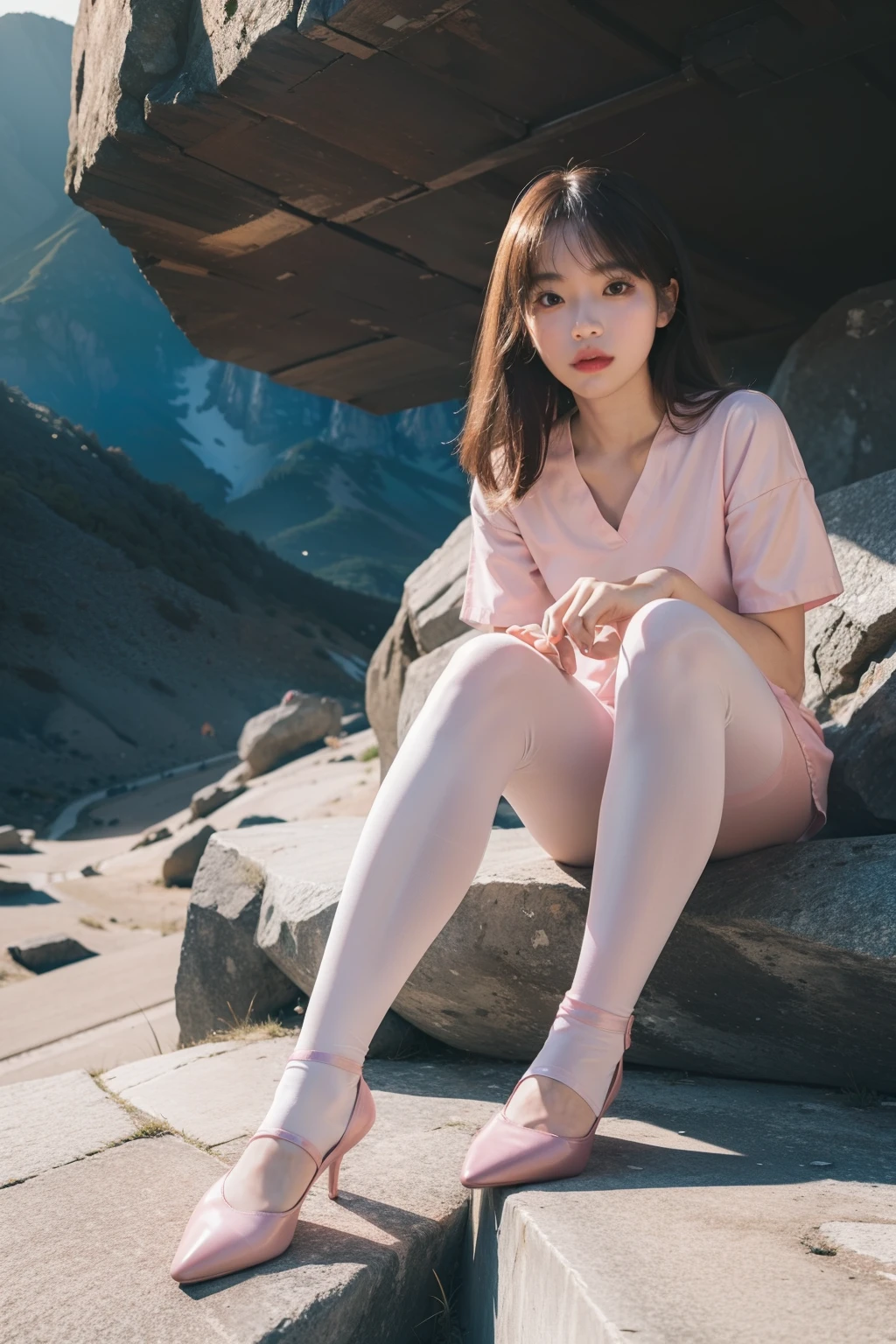 (full body:1.5)，(1girl:1.3),(view the viewer:1.4)，(anatomy correct:1.4),(sitting on the top of mountain:1.2),(Wearing a nurse set:1.2),(Opaque pink pantyhose:1.3),( girl pointed thick heels :1.1),(Accurate and perfect face:1.3),(Long legs:1.3),hyper HD, Ray traching, reflective light， structurally correct, Award-Awarded, high detail, lighten shade contrast, Face lighting ，cinematic lighting, masterpiece, super detailing, high quality, high detail, best quality, 16k，High contrast,