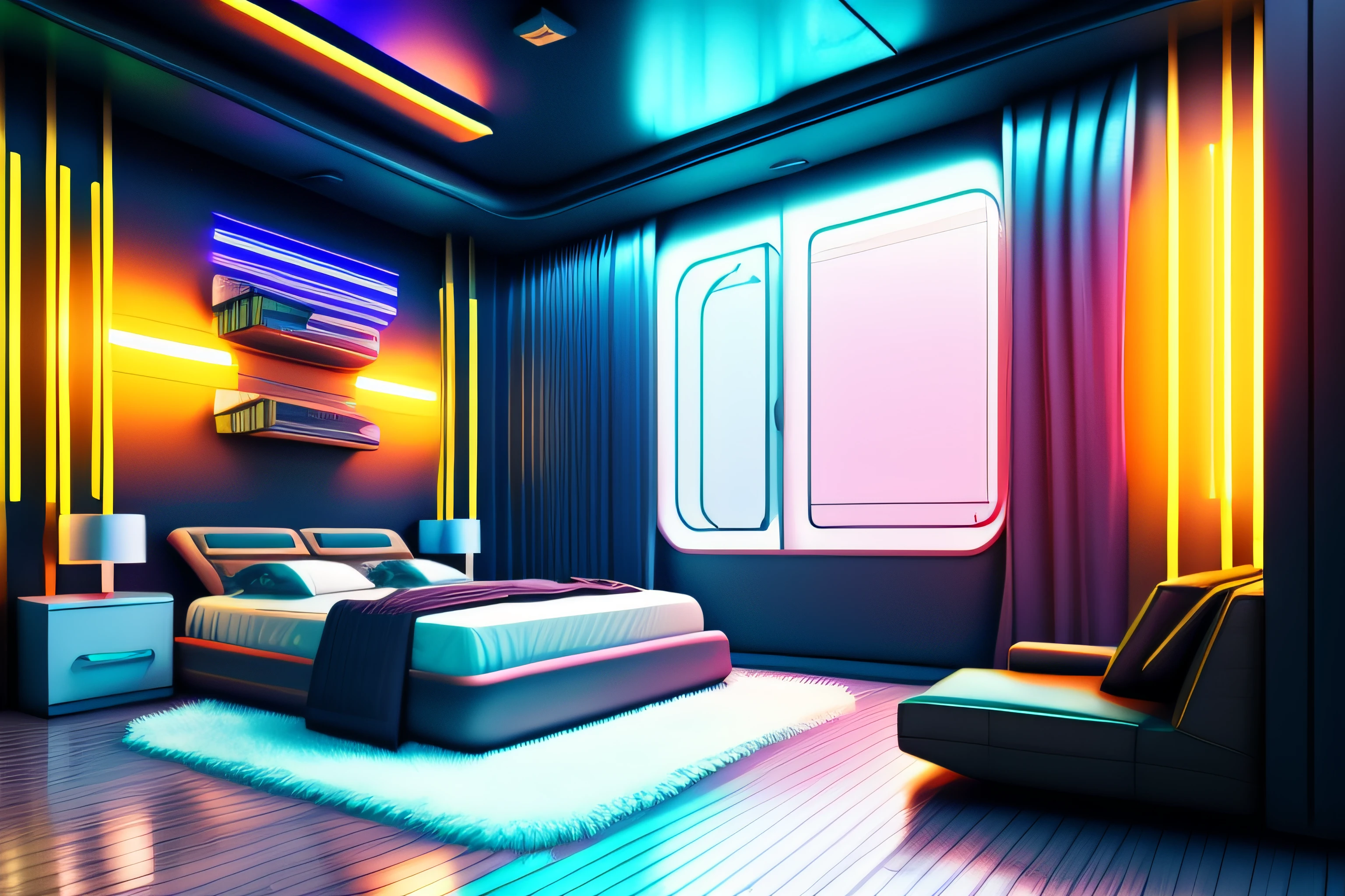interior of a cyberpunk bedroom