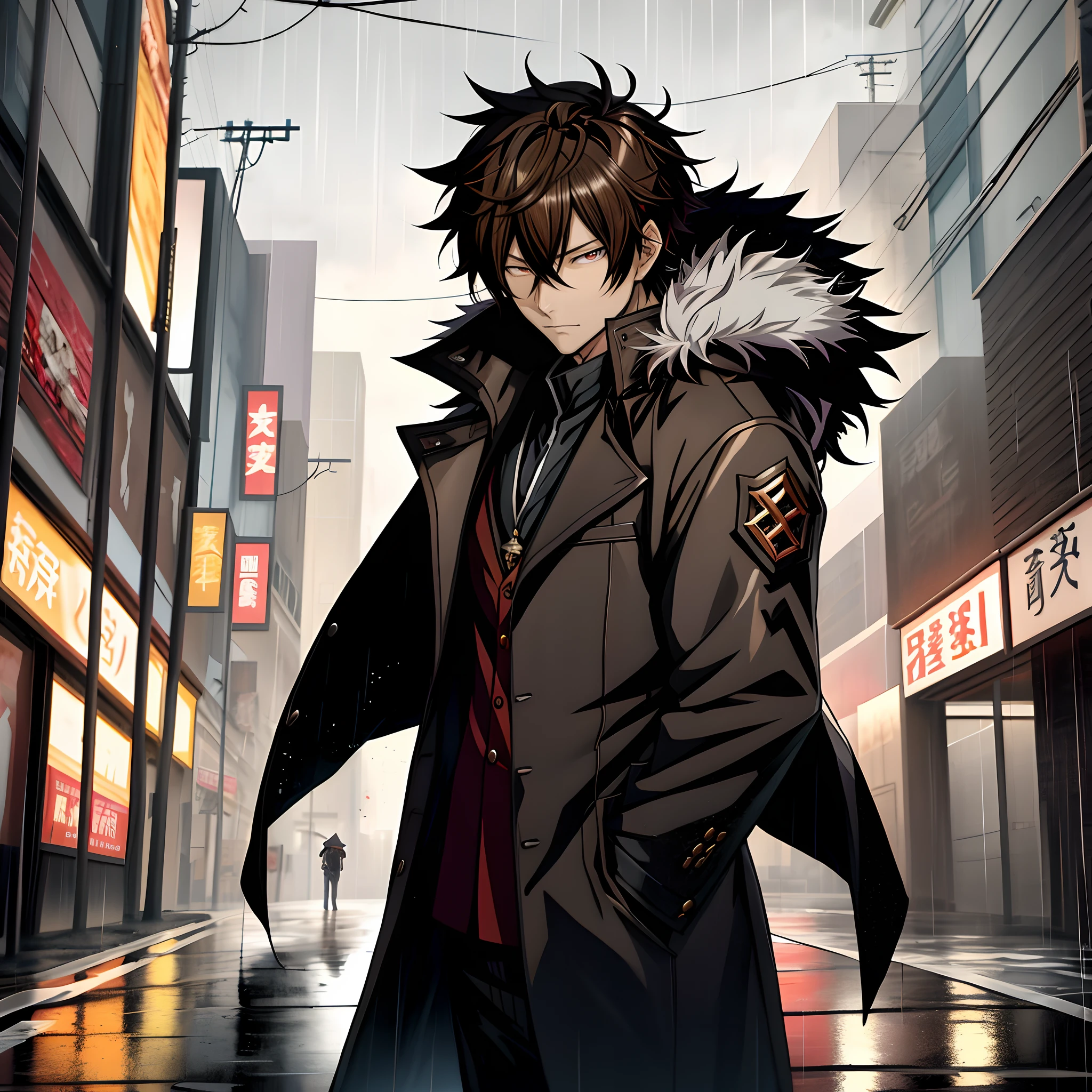 Anime man standing in the rain in a black fur coat, brunette color hair，inspirado em Okumura Masanobu, Kazuto Okada。, nobutaka ike, Badass anime 8 K, Anime handsome man, Anime portrait of a handsome man, anime concept hdr anime macmanus, Key anime art, male anime character,