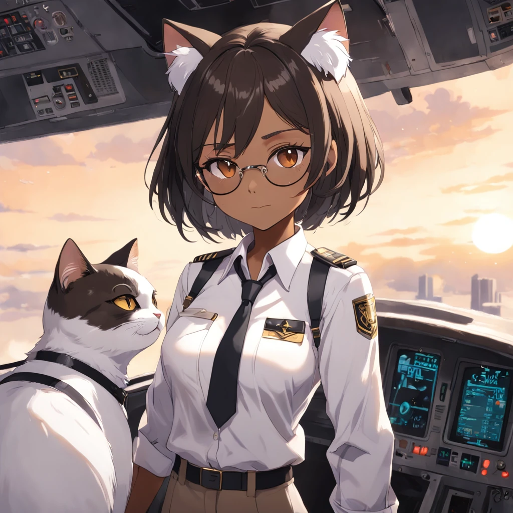 1girl, short black bob hair, yellow eyes, Round glasses, tan skin,dark skin ,BROWN SKIN, SHE HAS LIGHT BROWN SKIN, petite body, wearing plain white formal work shirt, wearing long black pants, business tie, absurdres, high res, ultrasharp, 8k, masterpiece, looking at viewer, cat ears, airline pilot uniform, airline pilot hat, white background, short sleeve, bangs, flat chest, whiskers, androgynous, she has cat ears on her head, she has cat teeth, cloudy background, holding pet black cat, smiling