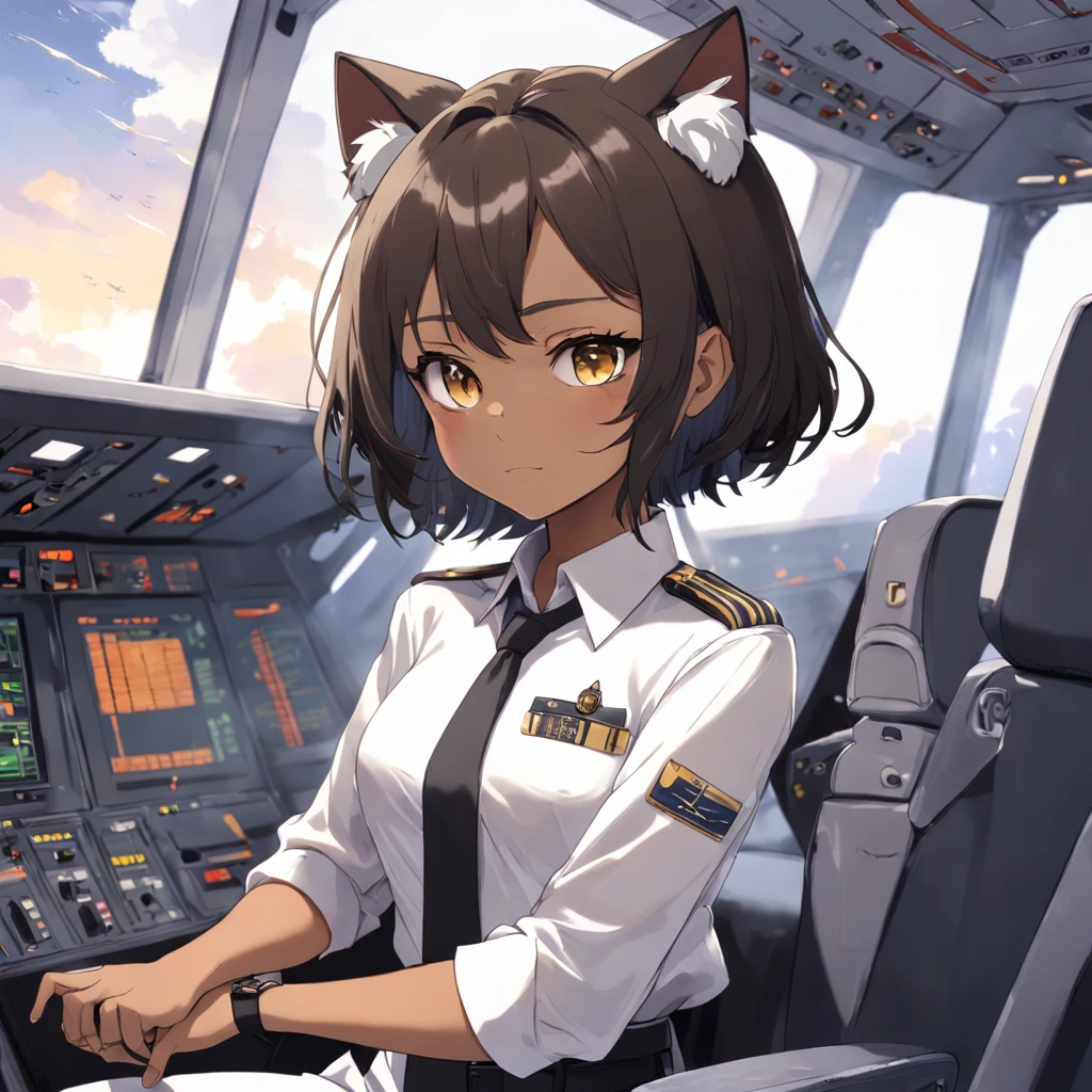 1girl, short black bob hair, yellow eyes, Round glasses, tan skin,dark skin ,BROWN SKIN, SHE HAS LIGHT BROWN SKIN, petite body, wearing plain white formal work shirt, wearing long black pants, business tie, absurdres, high res, ultrasharp, 8k, masterpiece, looking at viewer, cat ears, airline pilot uniform, airline pilot hat, white background, short sleeve, bangs, flat chest, whiskers, androgynous, she has cat ears on her head, she has cat teeth, cloudy background, holding pet black cat, smiling