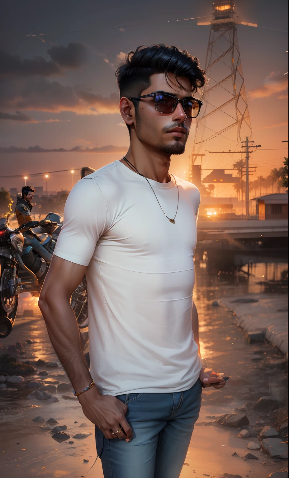 Cyber Pankh, a handsome Indian boy, , high details, sunset light background, denim jacket, Black jeans pant,