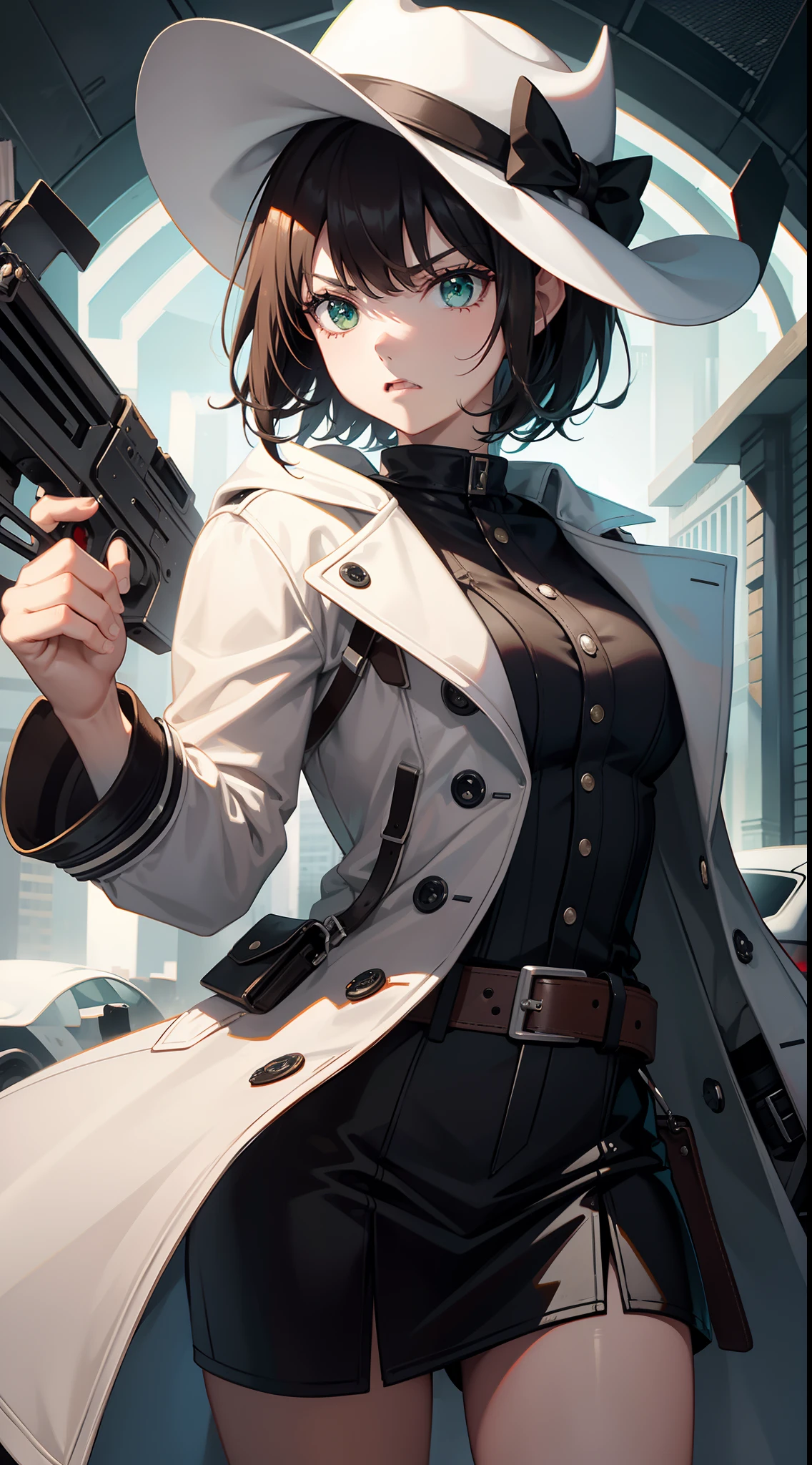 young girl, short black hair, Green eyes, White Mask, brown leather coat, hat, Rorschach, angry, Masterpiece, hiquality