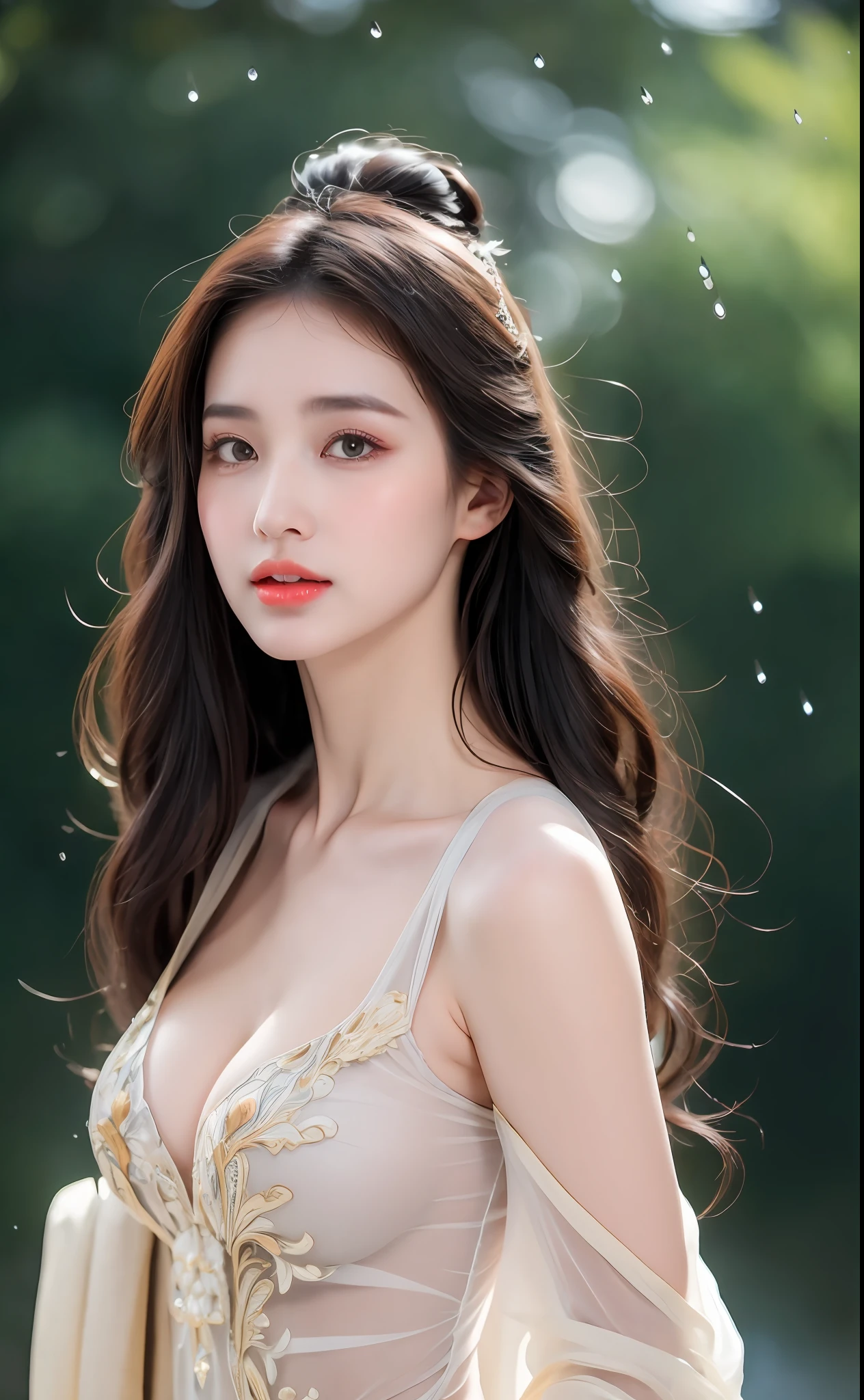 ((Best Quality, 8k, Masterpiece: 1.3)), Focus: 1.2, Perfect Body Beauty: 1.4, Buttocks: 1.2, ((Layered Haircut)), (Wet Clothes: 1.1), (Rain, Street:1.3), (Breasts: 1.2), (Hanfu: 1.2), Bare Shoulders, Bare Legs, Highly Detailed Face and Skin Texture, Fine Eyes, Double Eyelids, Whitened Skin, Long Hair, (Shut Up: 1.5), (Bokeh Background: 1.5), Big Breasts