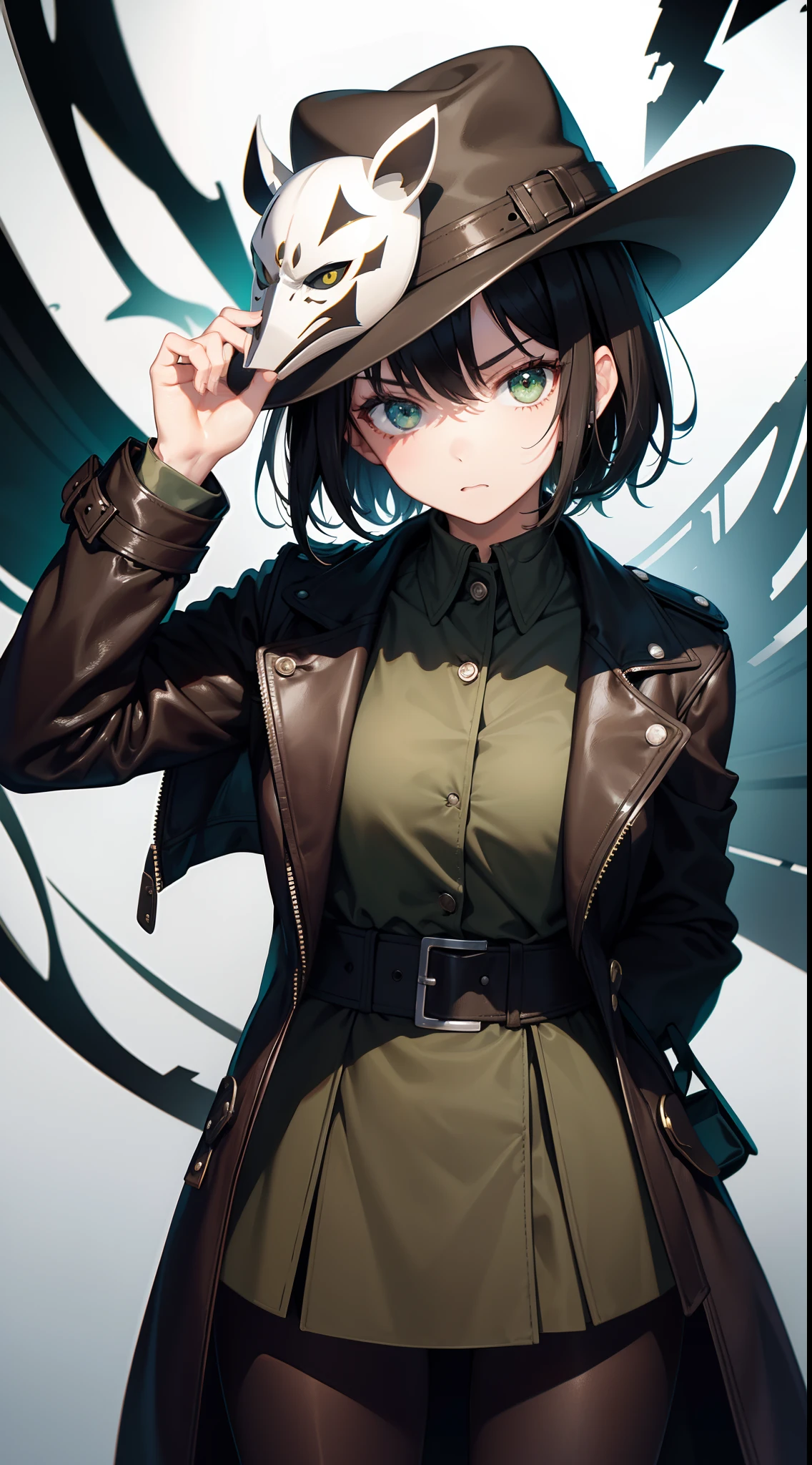 young girl, short black hair, Green eyes, White Mask, brown leather coat, hat, Rorschach, angry, Masterpiece, hiquality